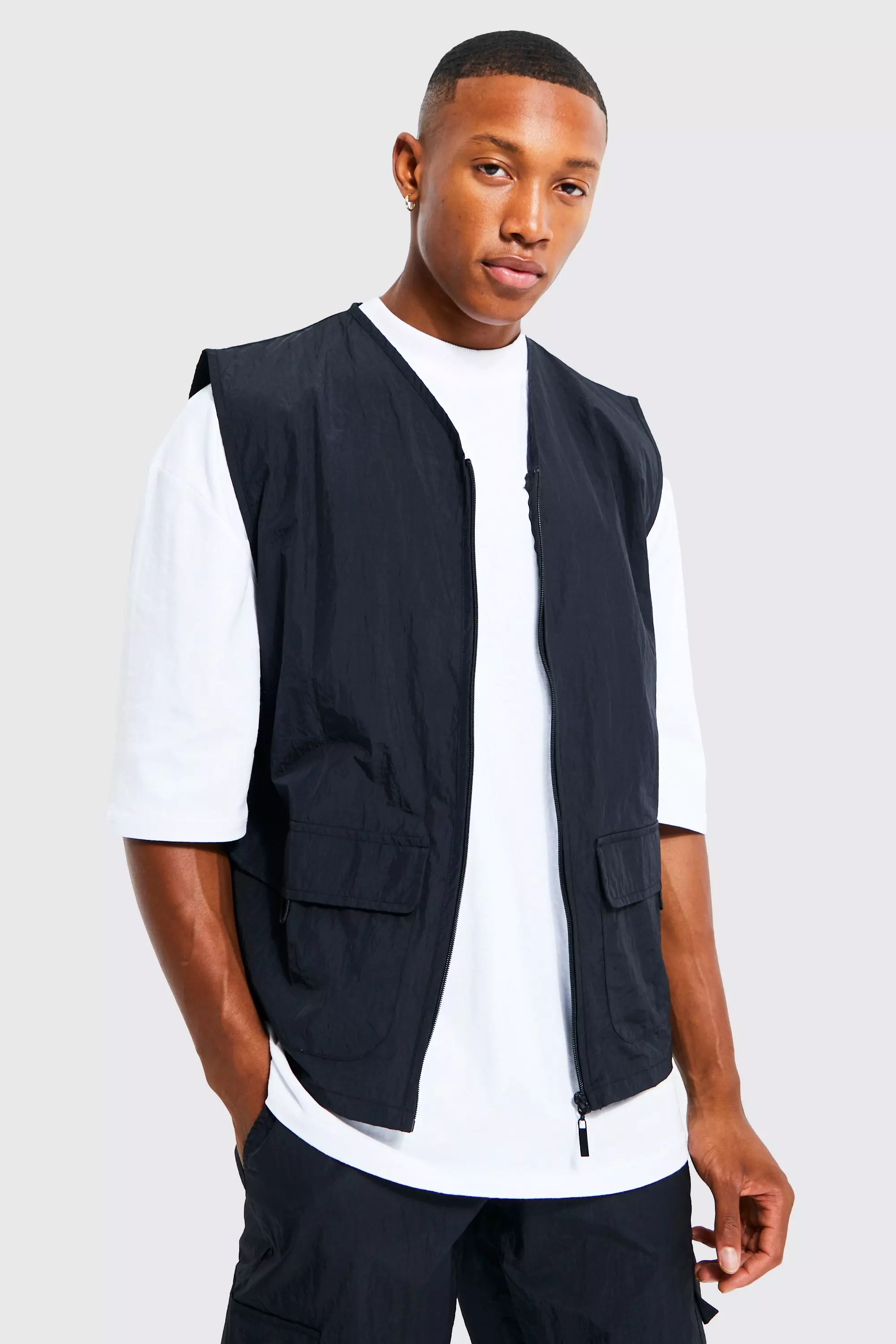 Crinkle Nylon 4 Pocket Utility Vest boohooMAN
