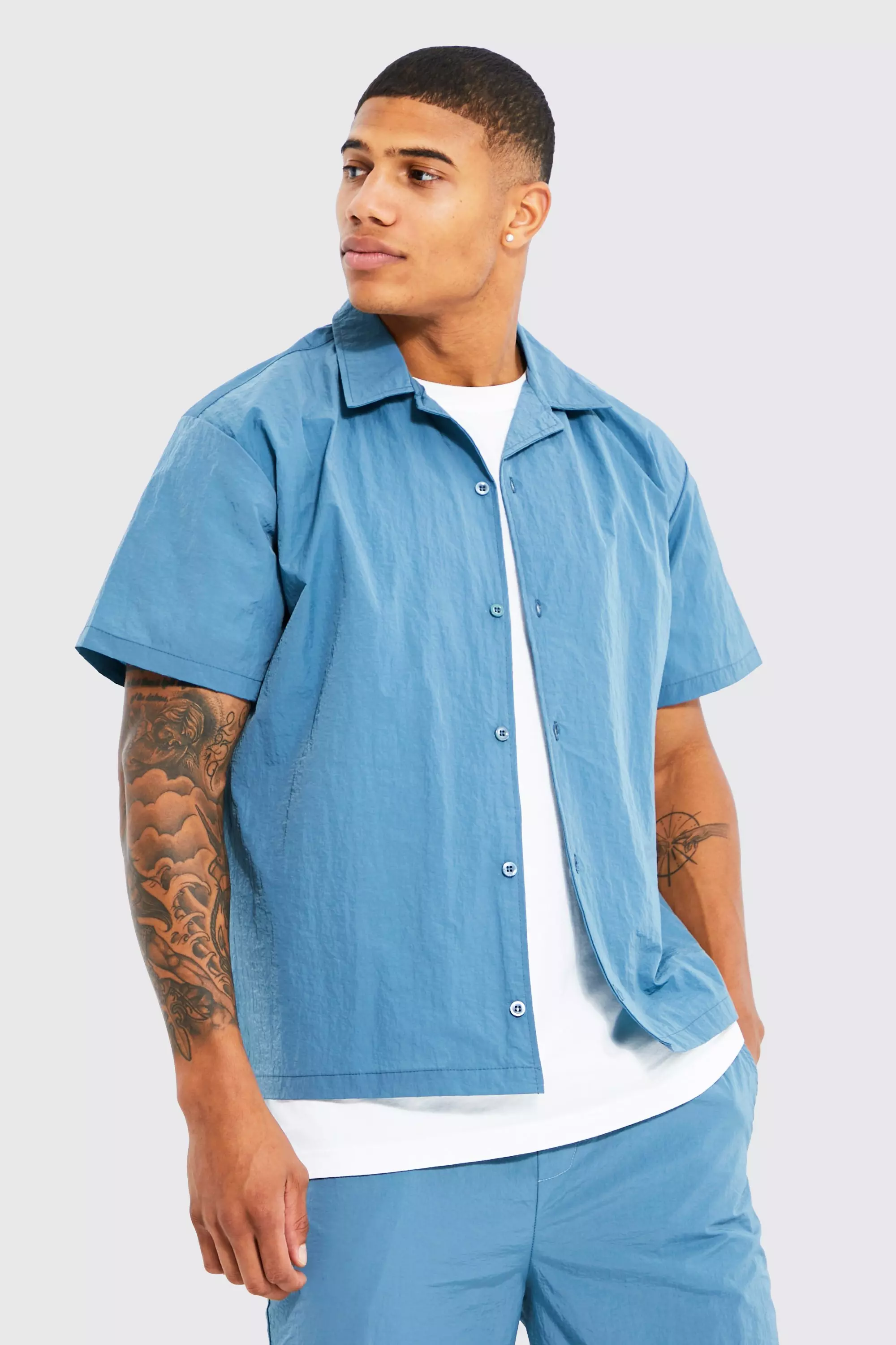 Blue Crinkle Nylon Boxy Shirt