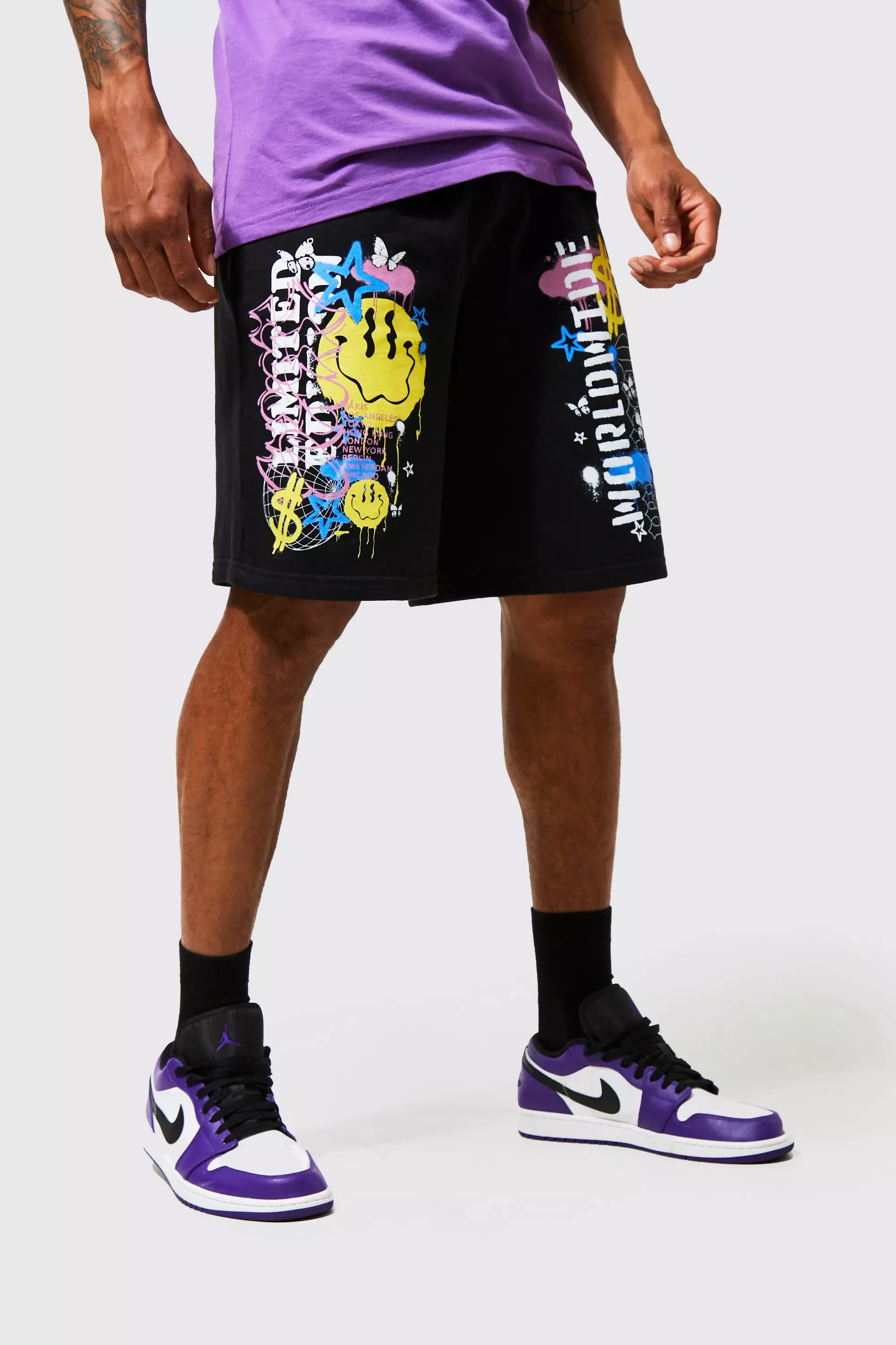 Black Oversized Jersey Shorts Met Print alternatieve afbeelding