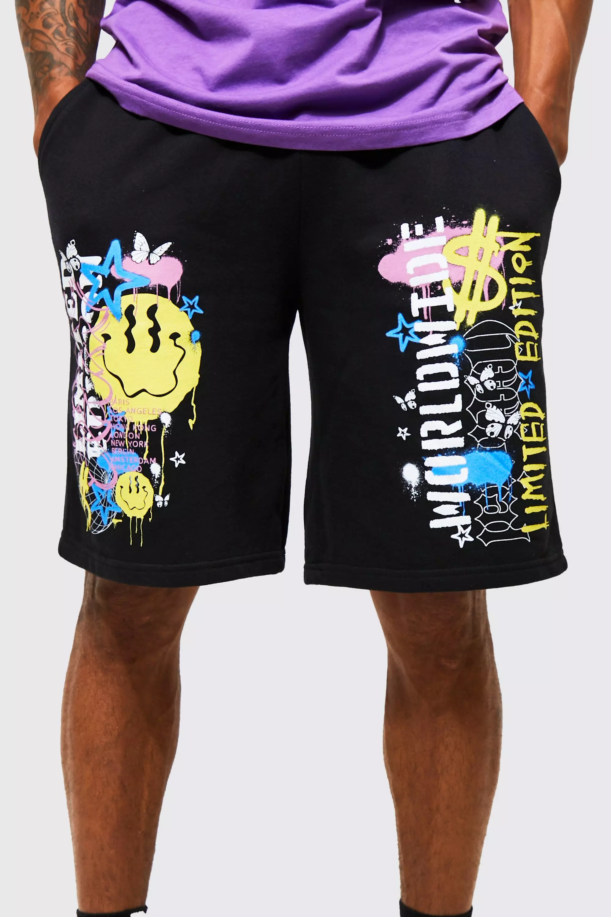 Black Oversized Jersey Shorts Met Print alternatieve afbeelding