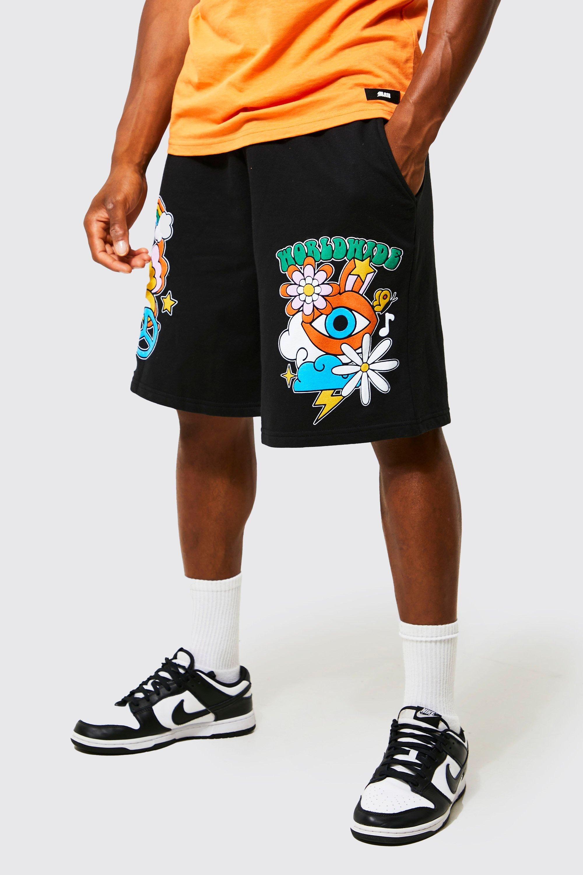 boohooMAN Men's Loose Fit Faux Layer Trippy Graphic Shorts