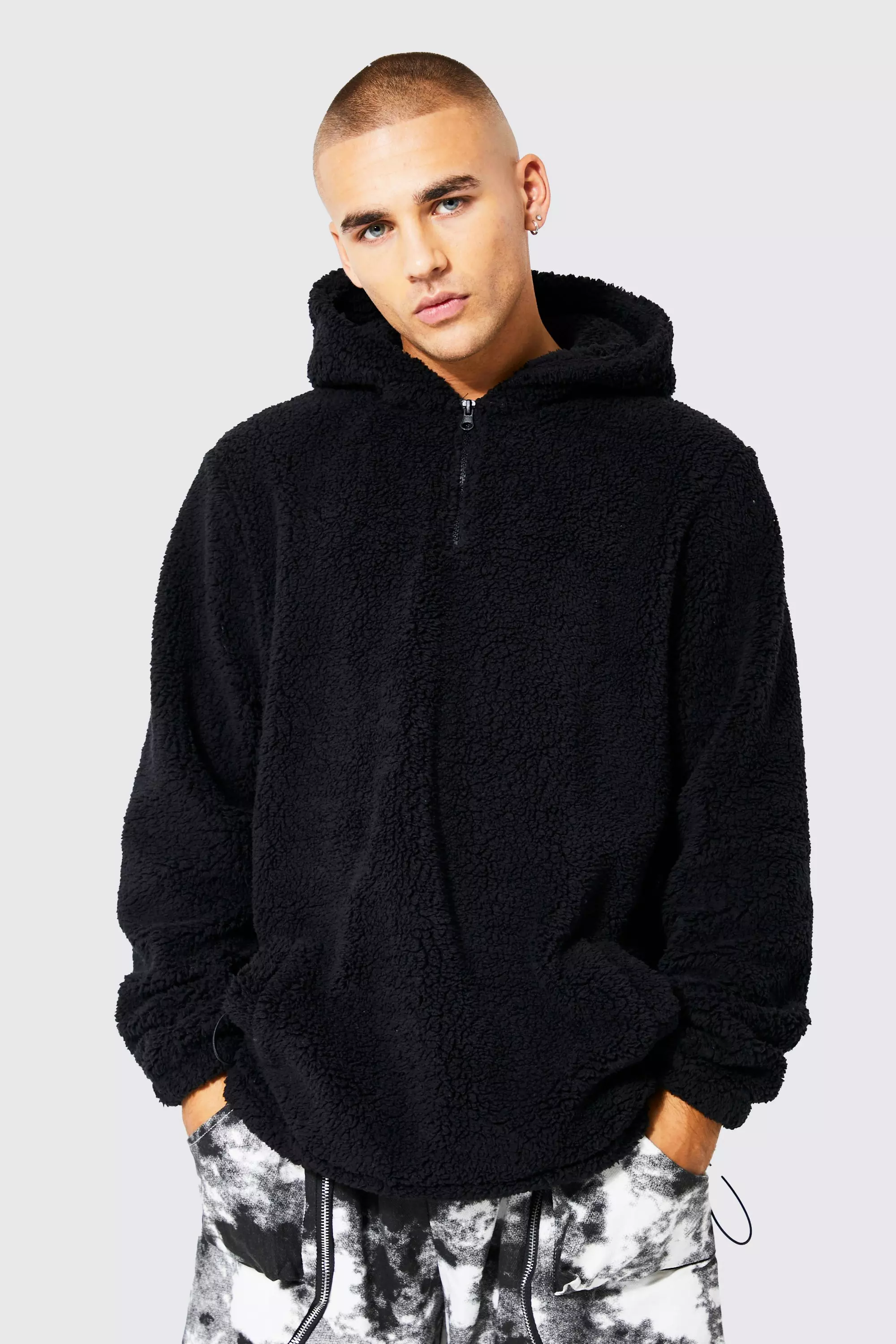 Borg Zip Hoodie With Bungee Hem Black