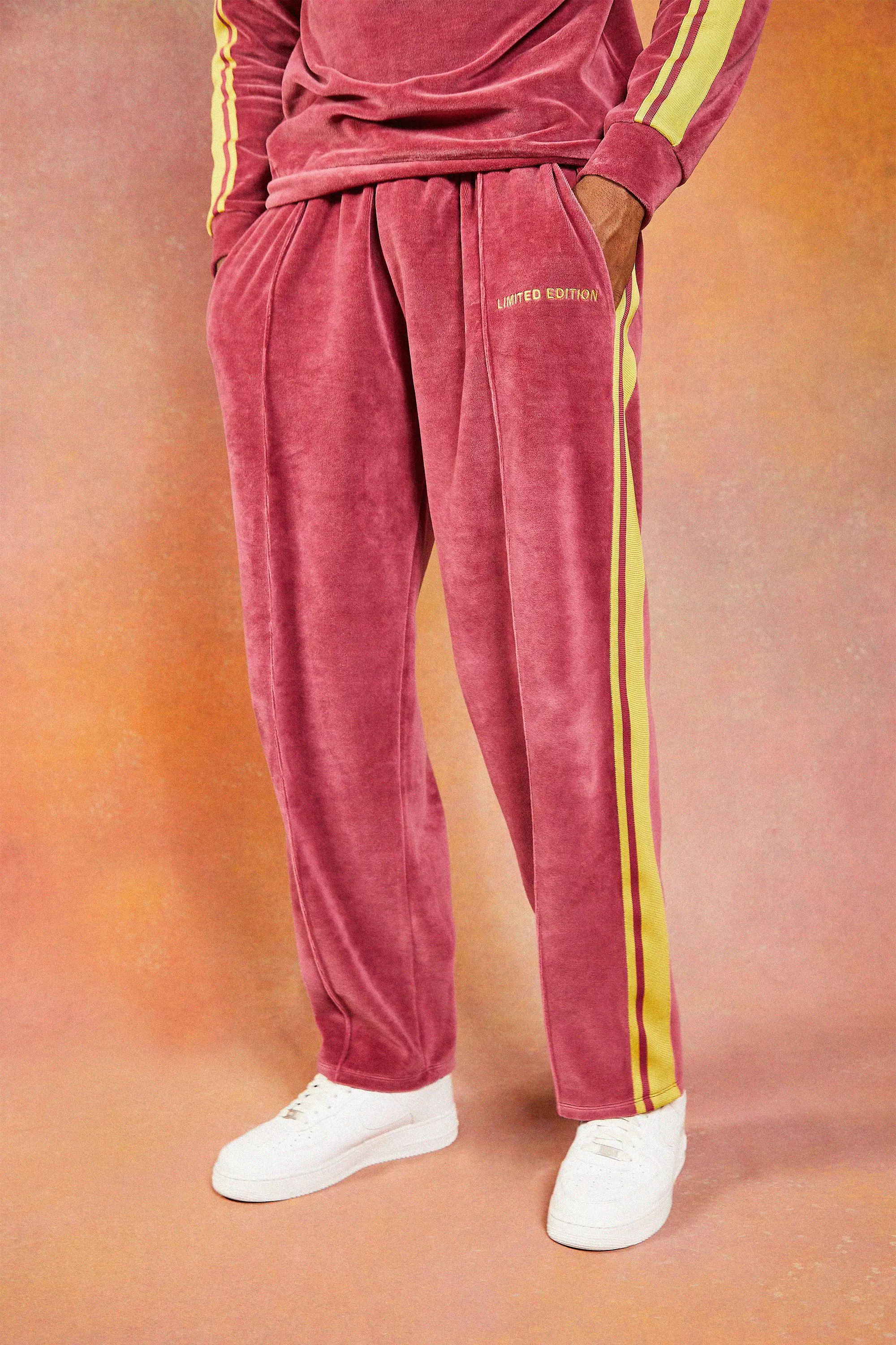 Wide Leg Velour Pintuck Sweatpants With Tape Mauve