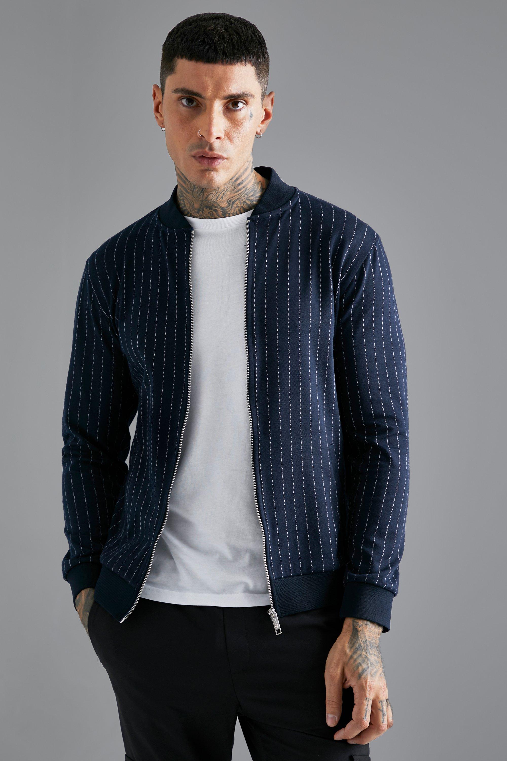 Slim Fit Pinstripe Jacquard Bomber Jacket