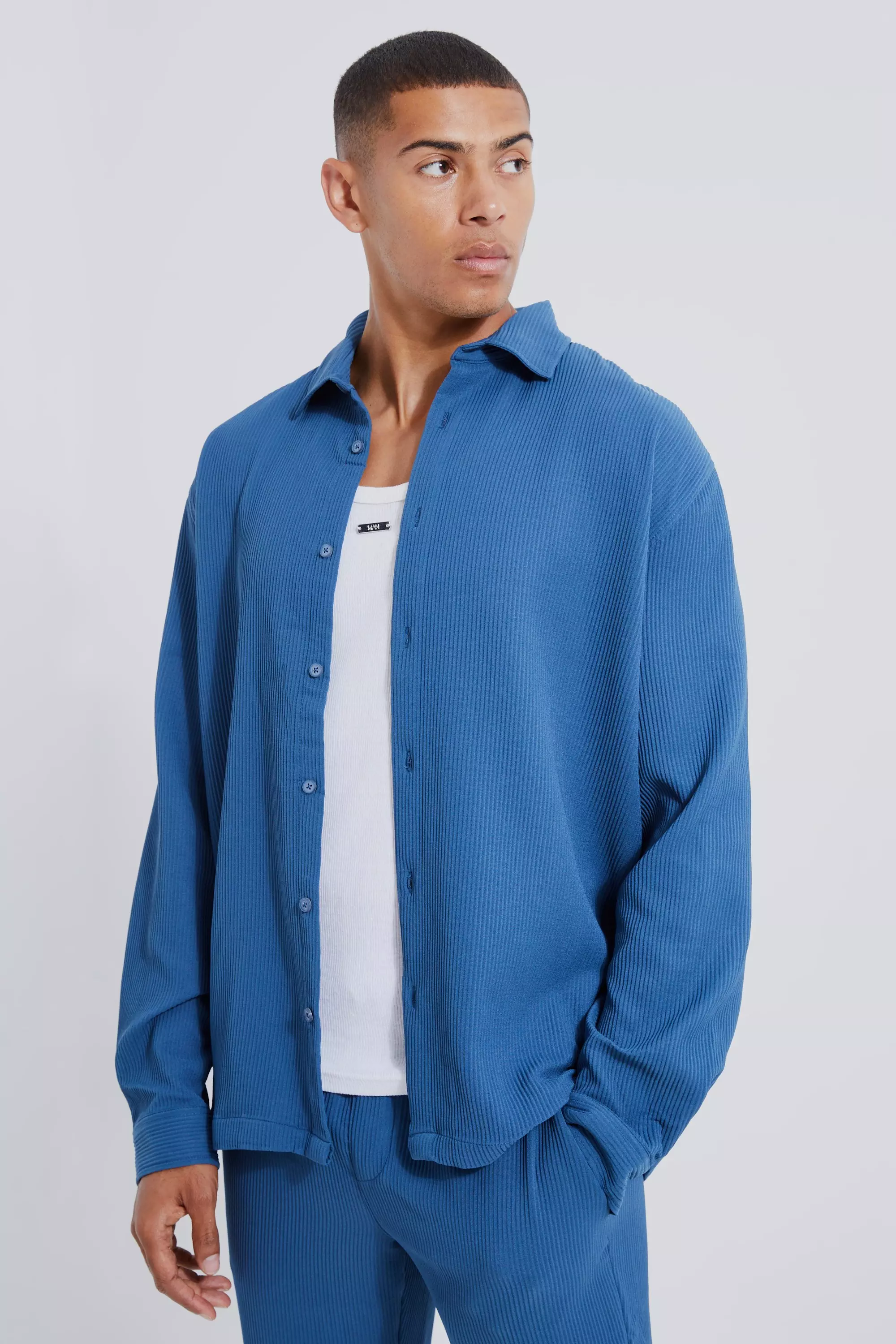 Long Sleeve Revere Pleated Shirt Teal