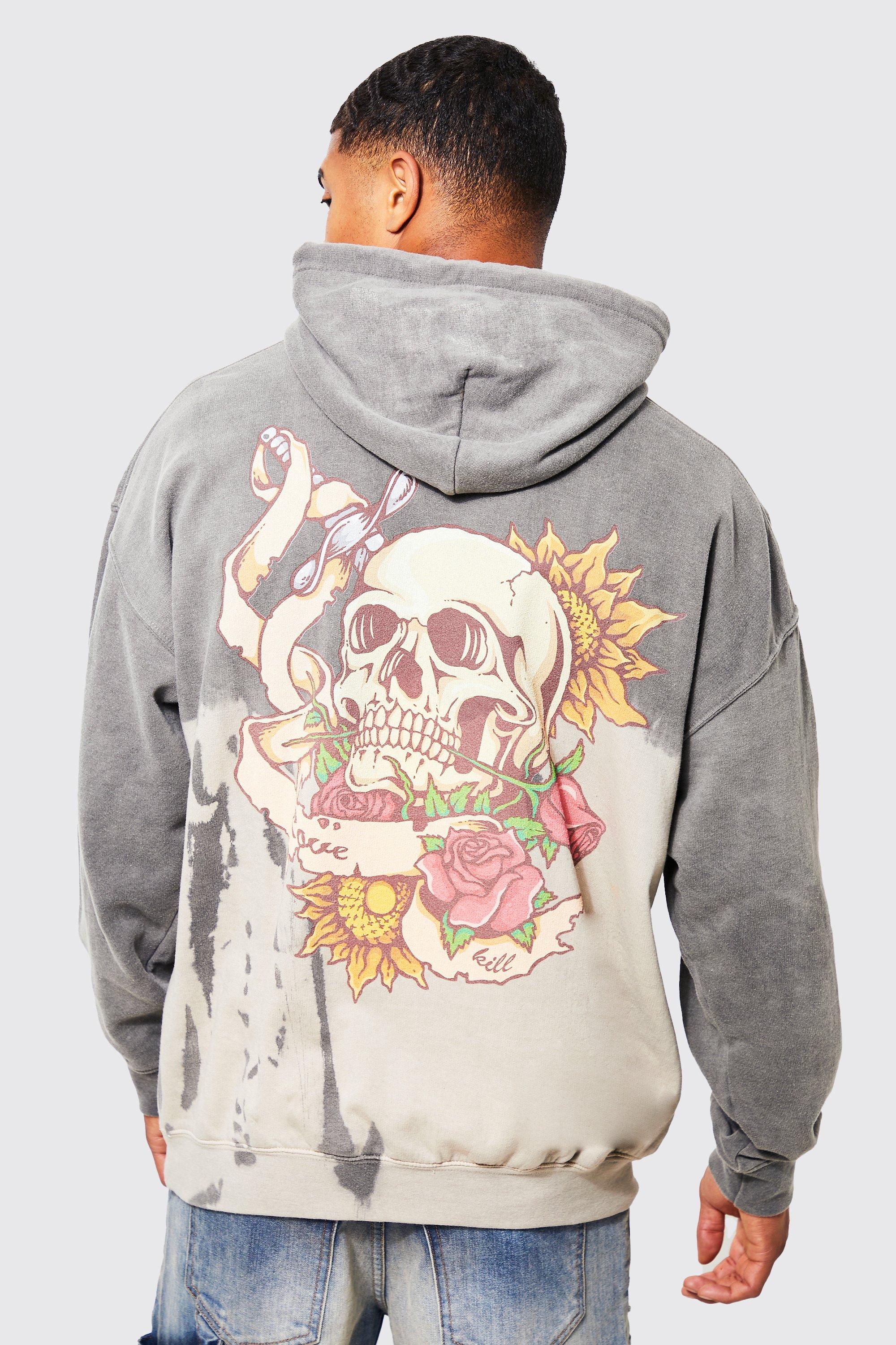 Floral Skull Print Hoodie Gothic Loose Kangaroo Pocket - Temu