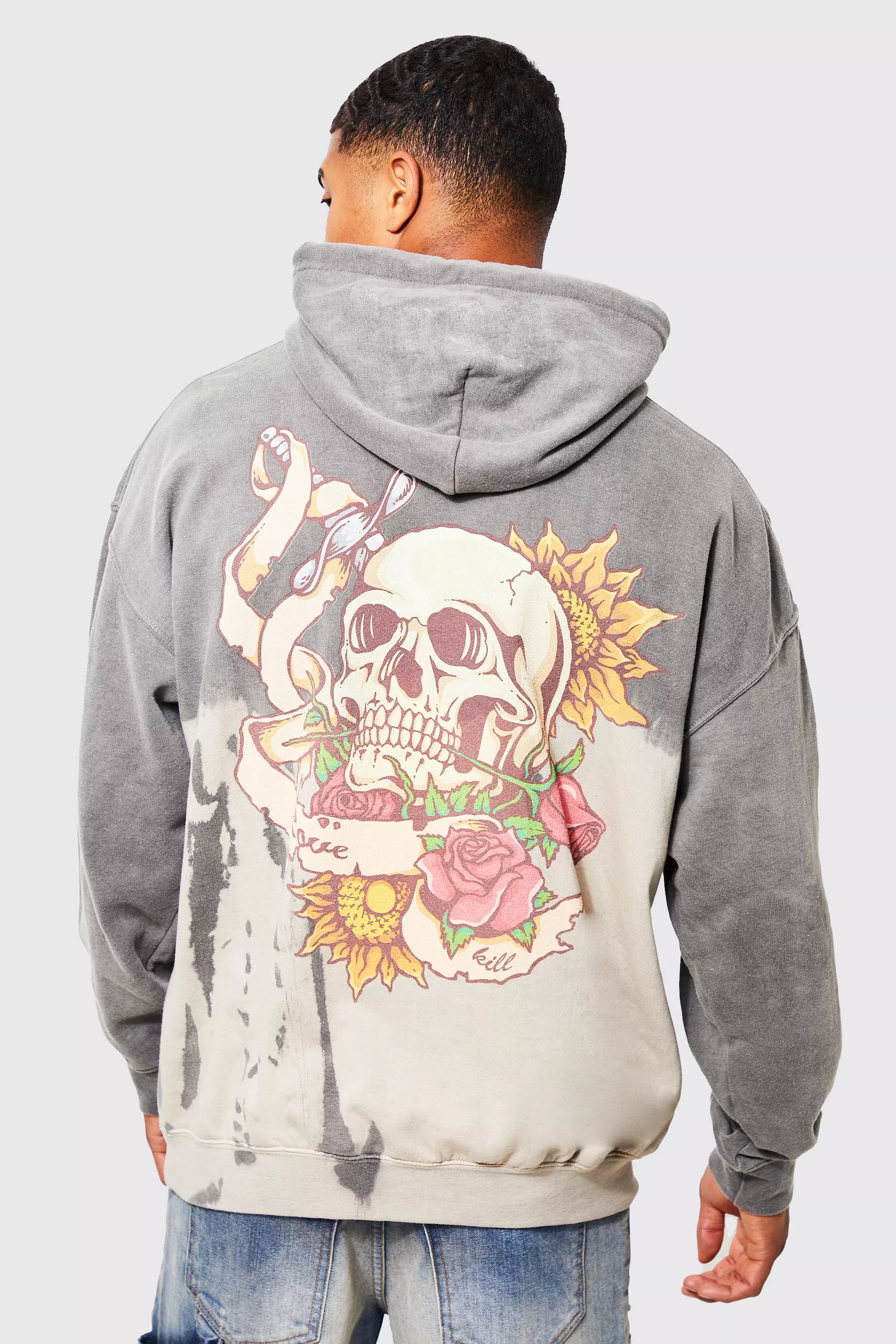 Oversized Bleach Tie Dye Skull Graphic Hoodie Grey