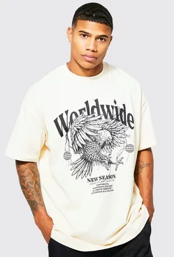 Sand Beige Oversized Extended Neck Eagle Graphic T-shirt