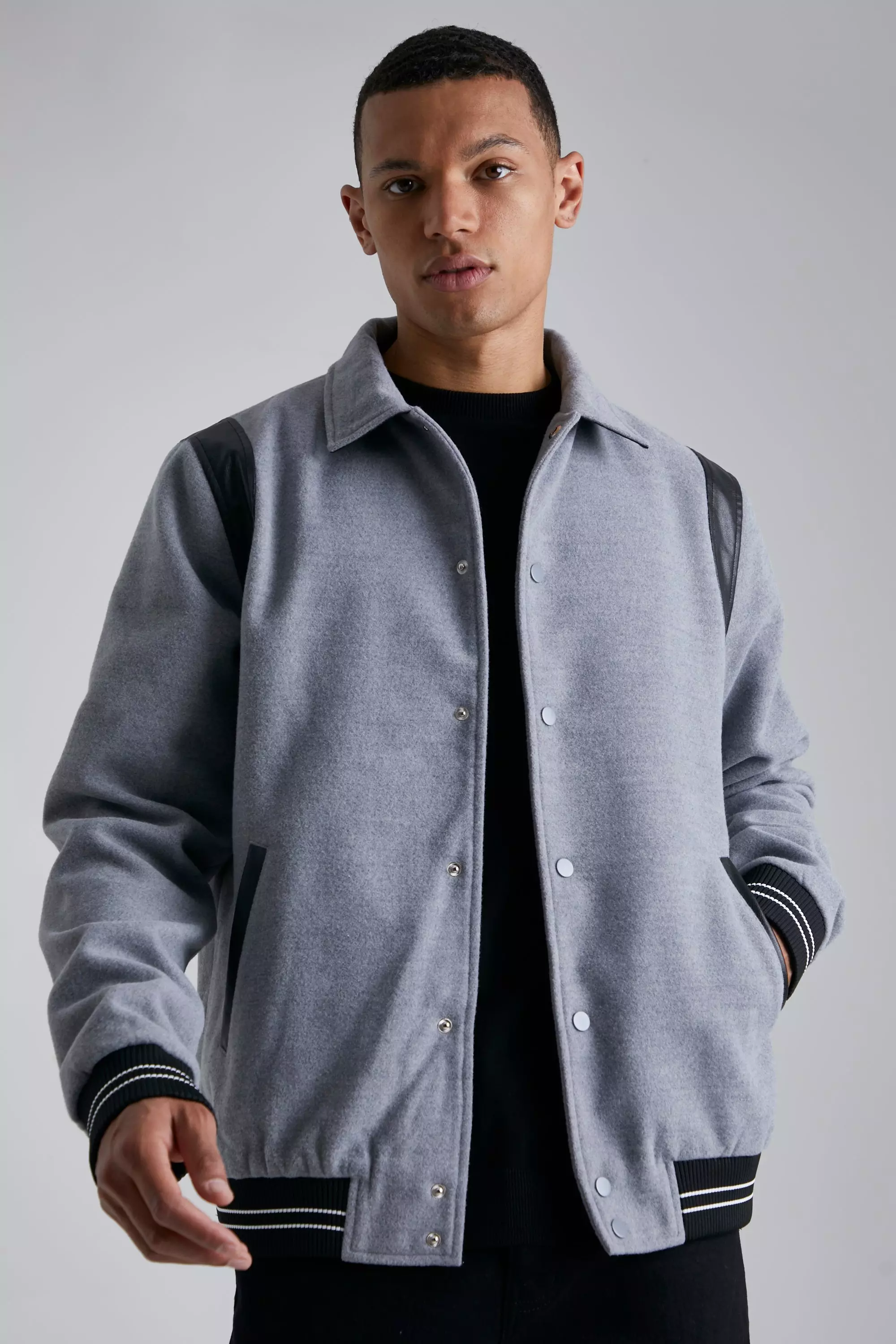 Tall Texture Faux Leather Panel Bomber Jacket Grey