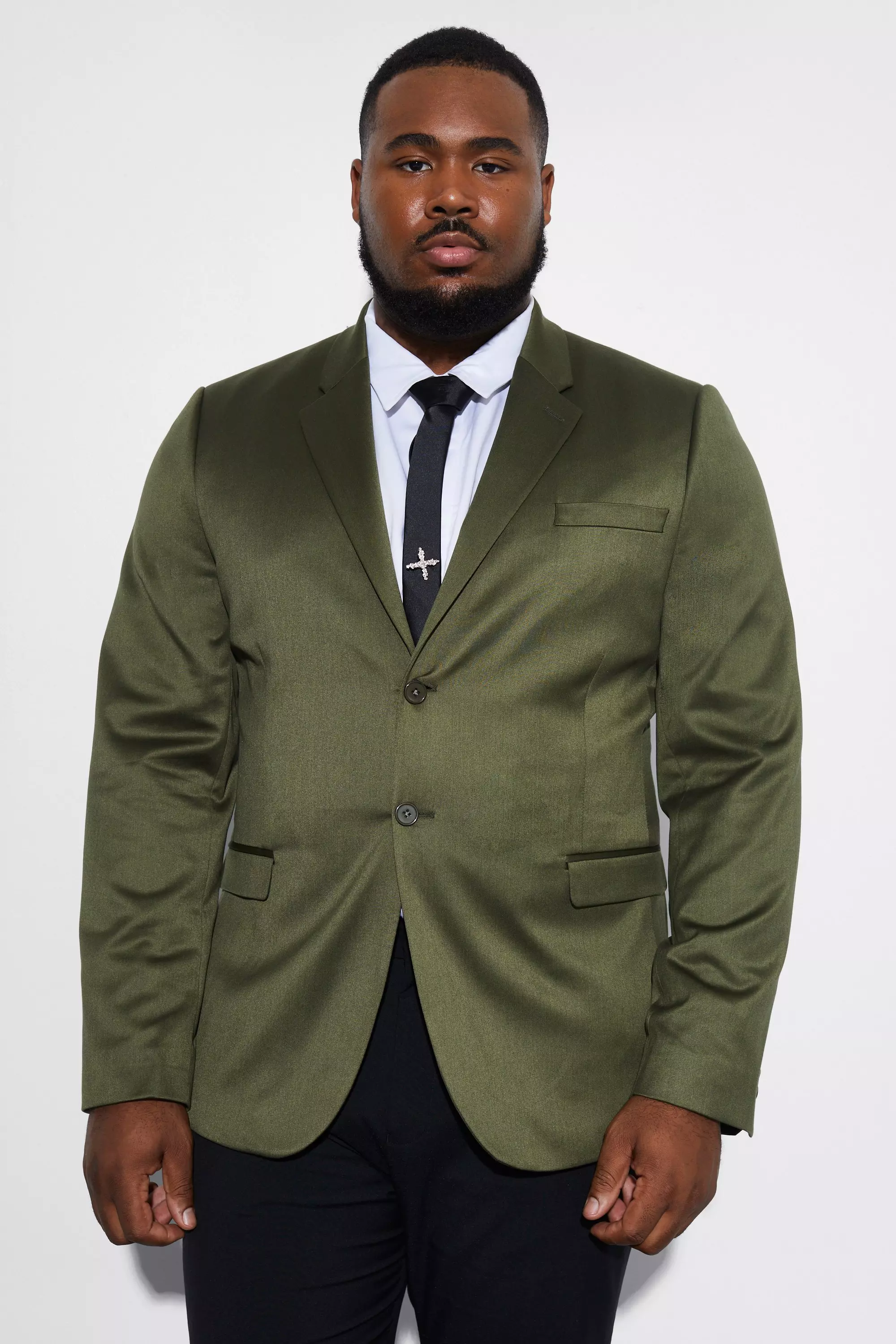 Plus Skinny Satin Suit Jacket Olive