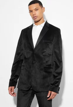 Black Tall Skinny Velour Satin Lapel Suit Jacket