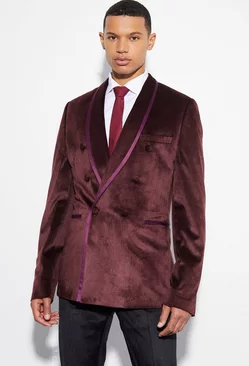 Burgundy Red Tall Skinny Double Breasted Velour Blazer