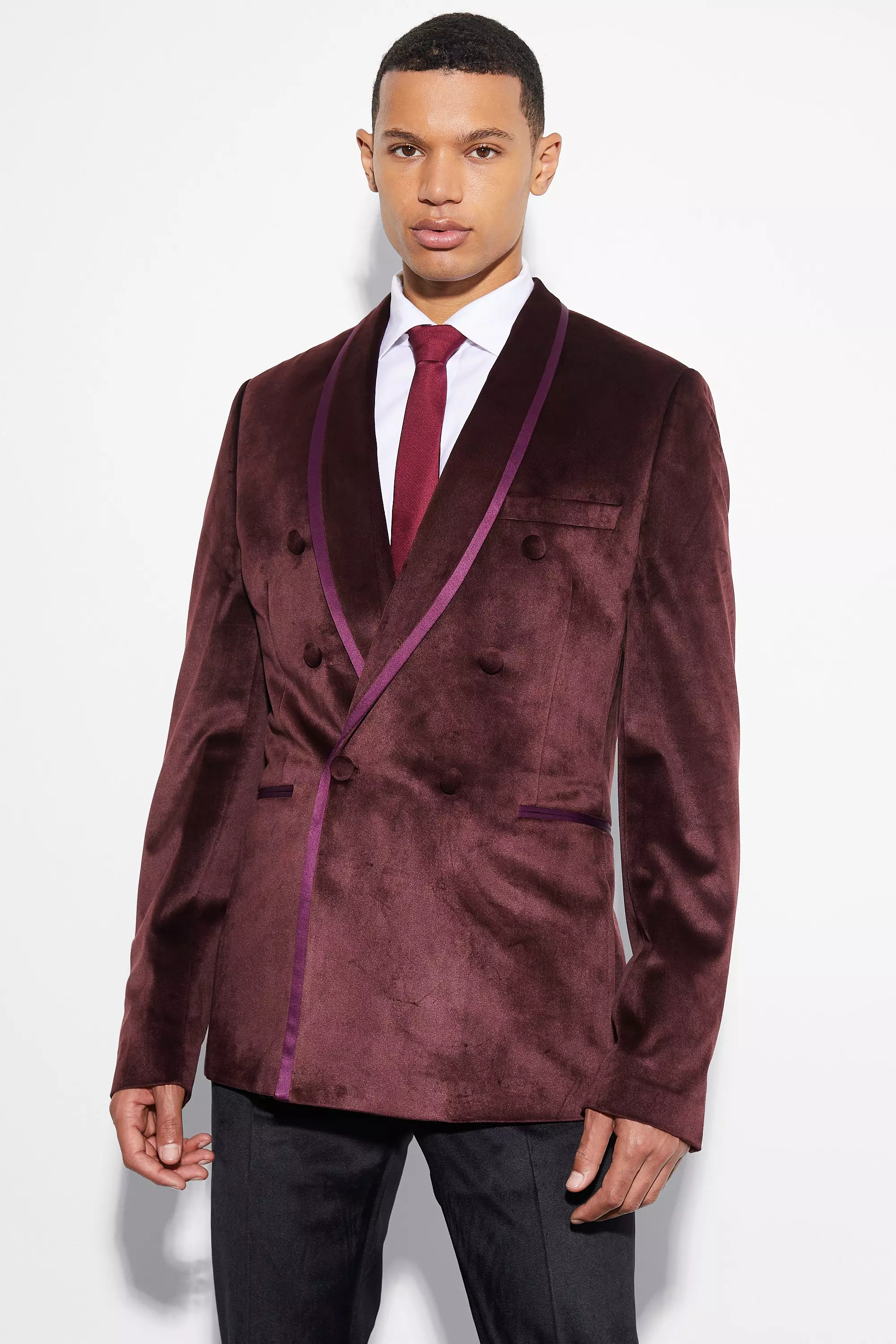 Burgundy Red Tall Skinny Double Breasted Velour Blazer
