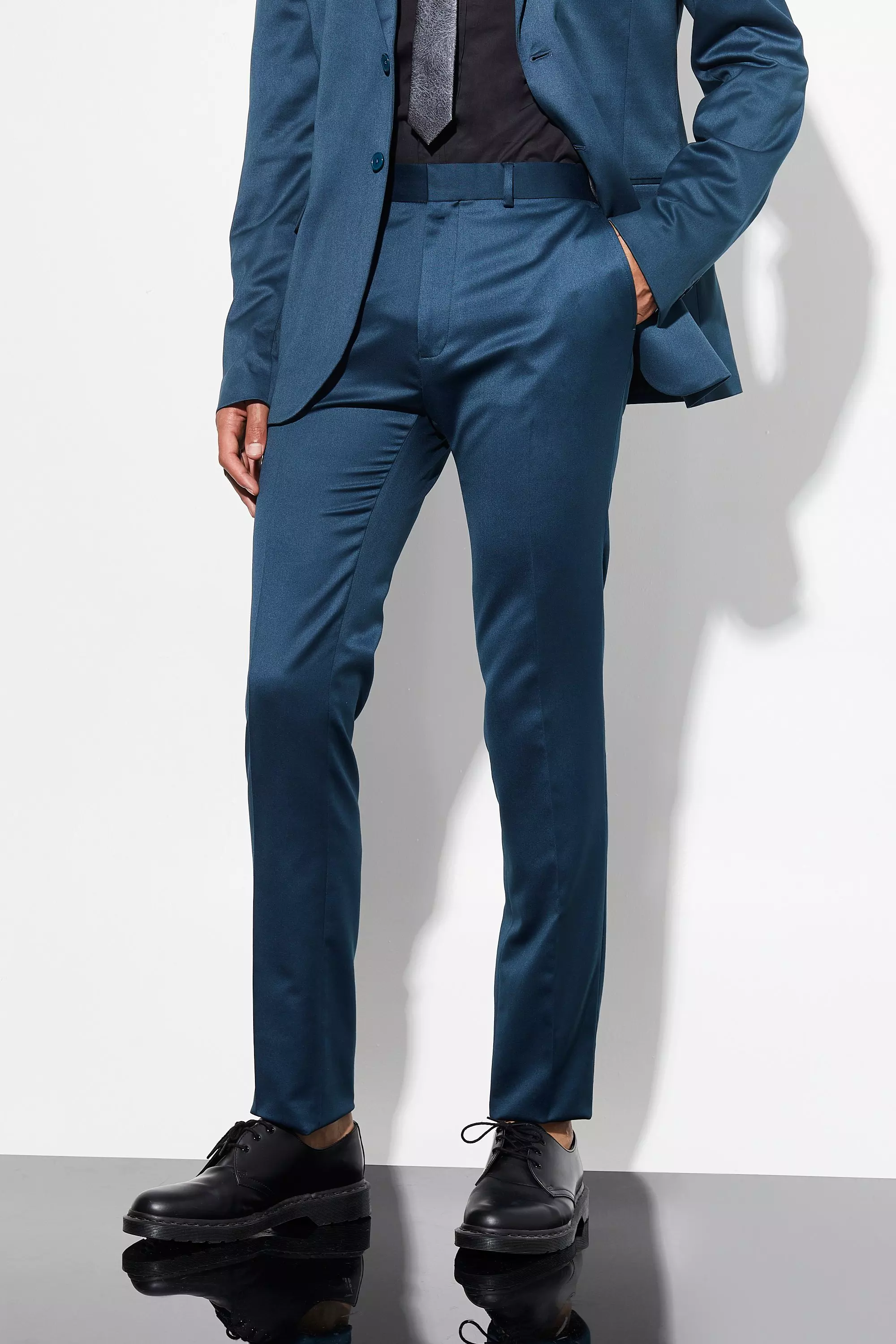 Tall Navy Satin Skinny Fit Suit boohooMAN USA