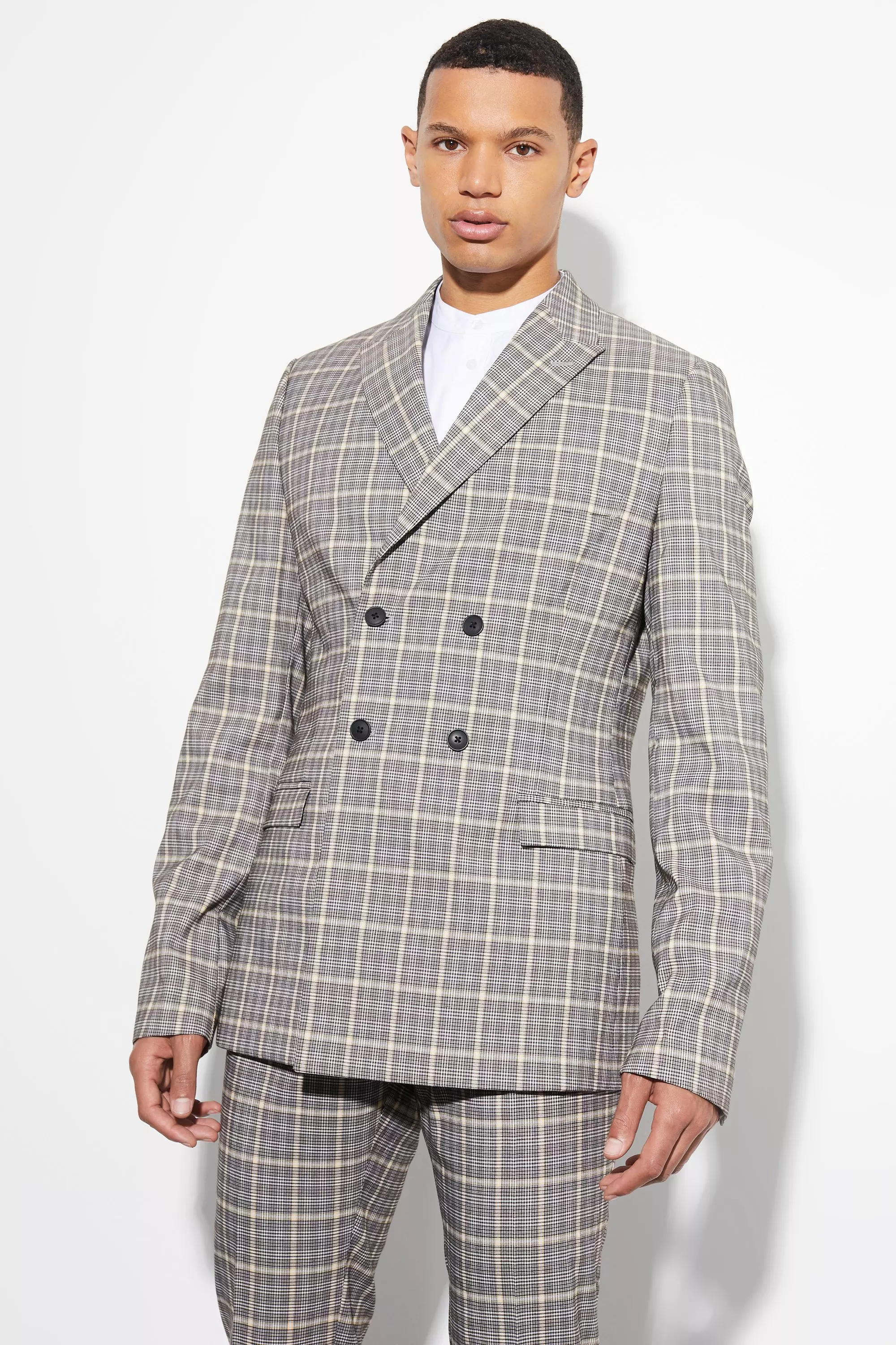 Tall Skinny Double Breasted Check Suit Jacket Black