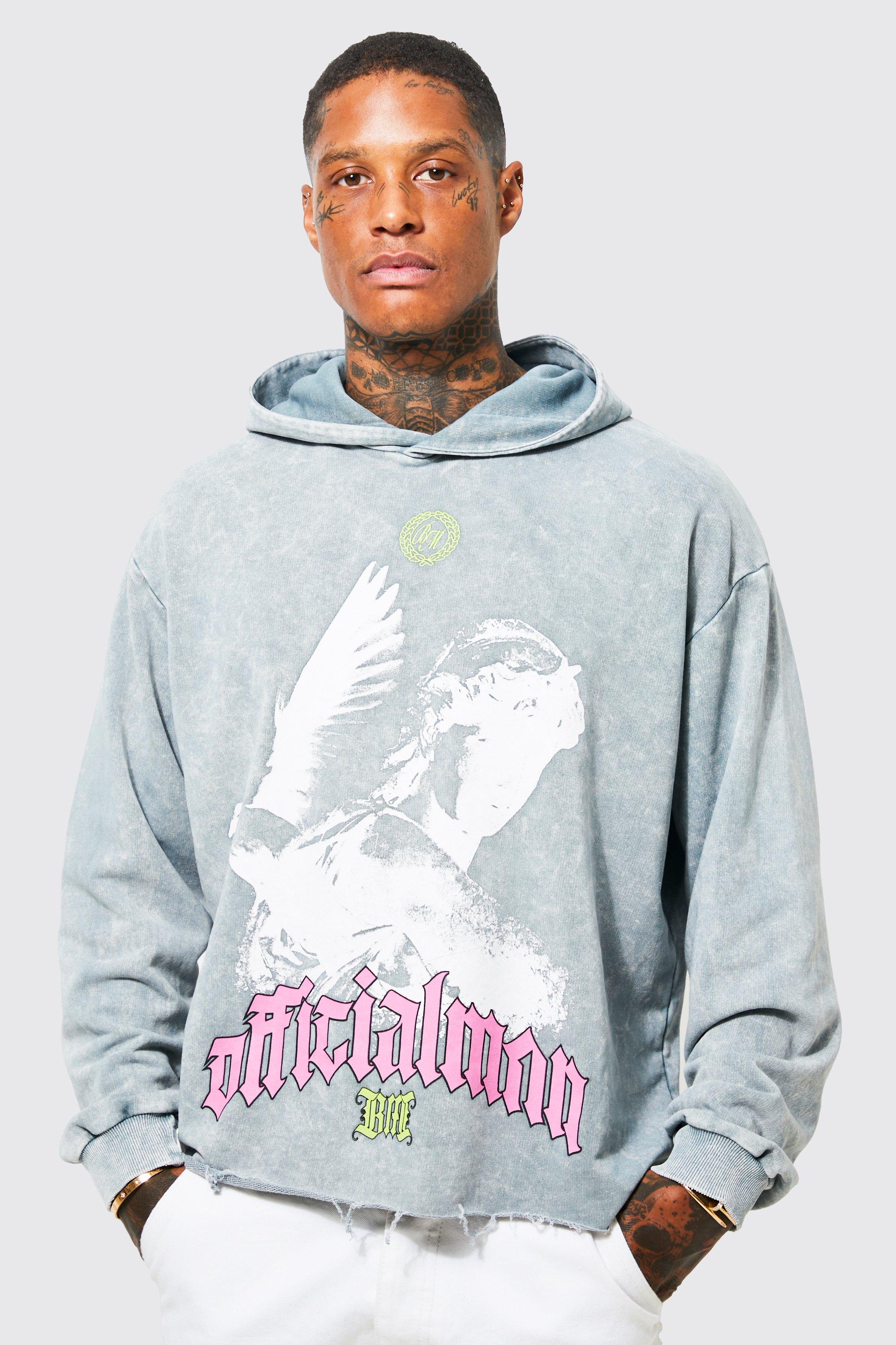 Oversized Boxy Acid Wash Dove Graphic Hoodie boohooMAN USA