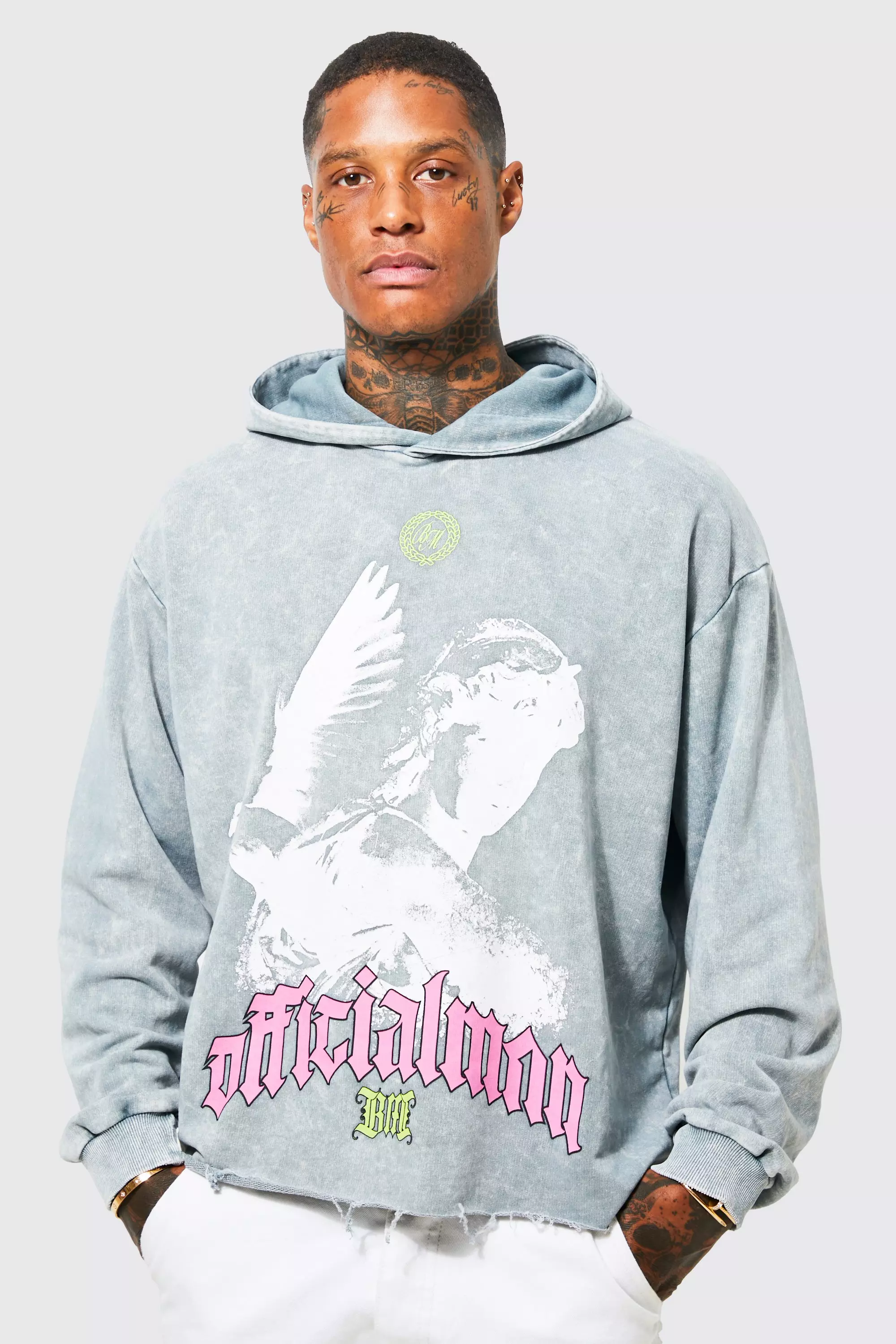 Grey Oversized Boxy Acid Wash Dove Graphic Hoodie