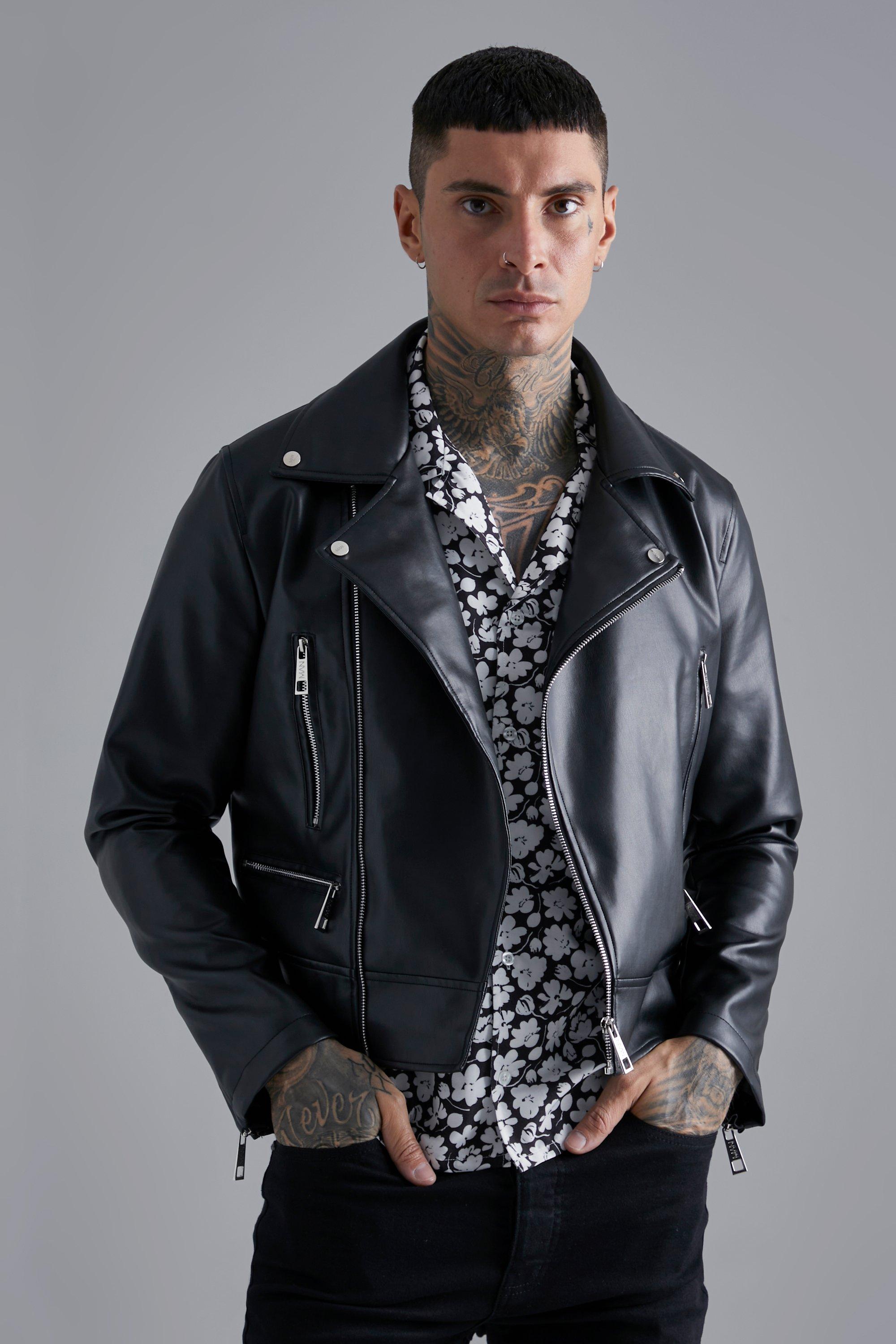 Boxy Fit Faux Leather Biker Jacket boohooMAN UK