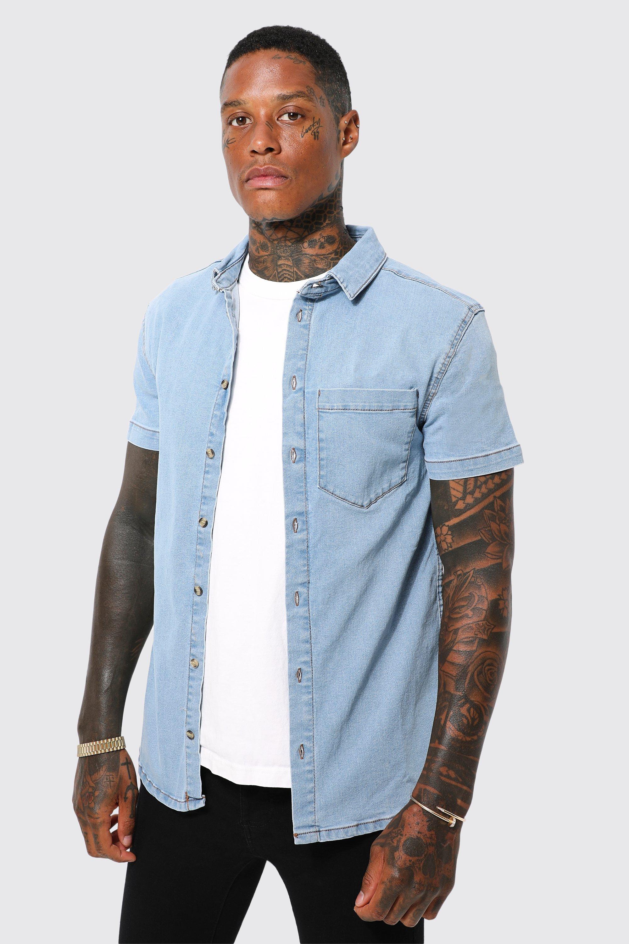 boohooMAN Men's Short Sleeve Denim Shirt