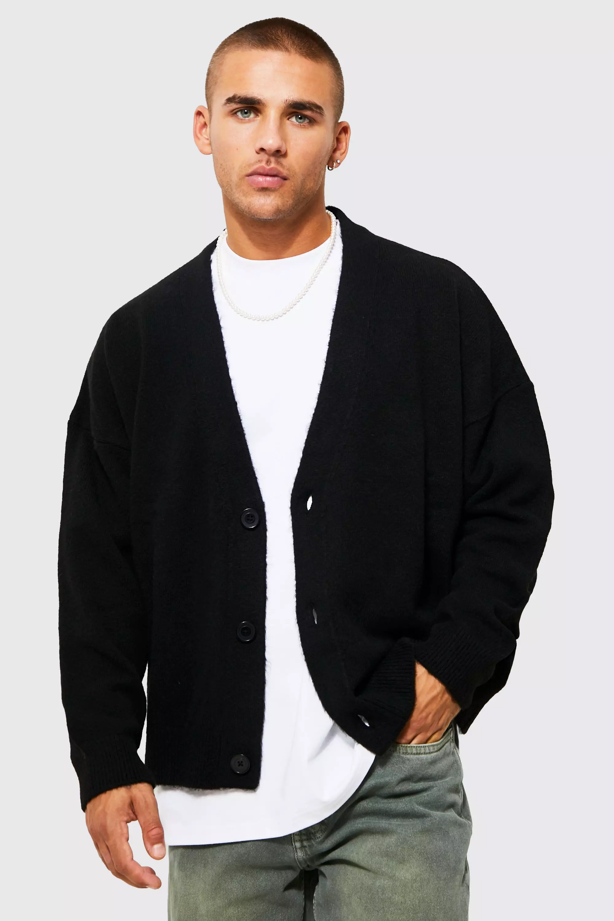 Boxy Dropped Shoulder Fluffy Cardigan boohooMAN