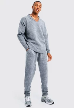 Grey Oversized Revere Knitted Polo Tracksuit