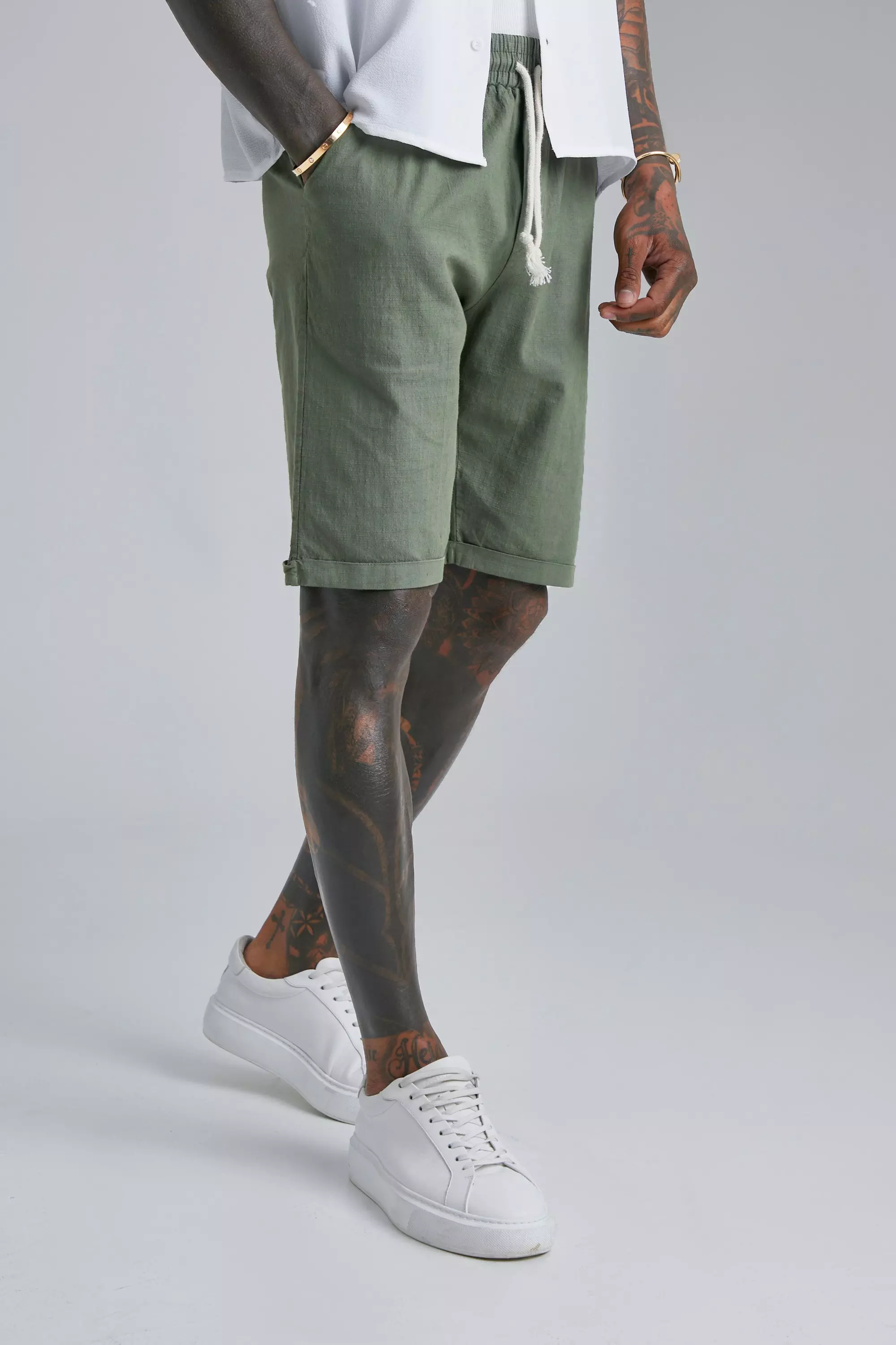 Khaki Plain Drawstring Front Pocket Shorts