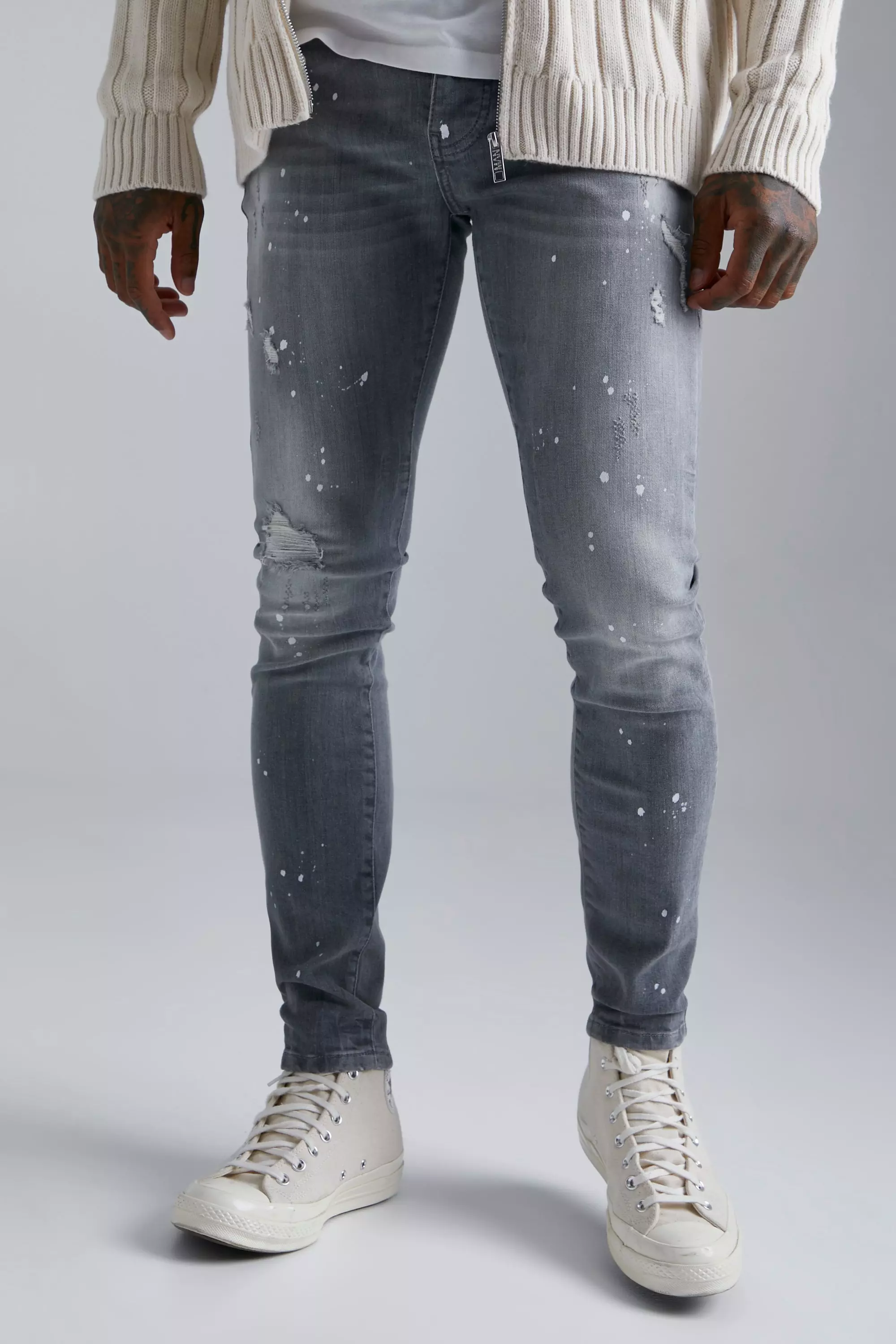 Grey Skinny Stretch Ripped Stud Pocket Jeans