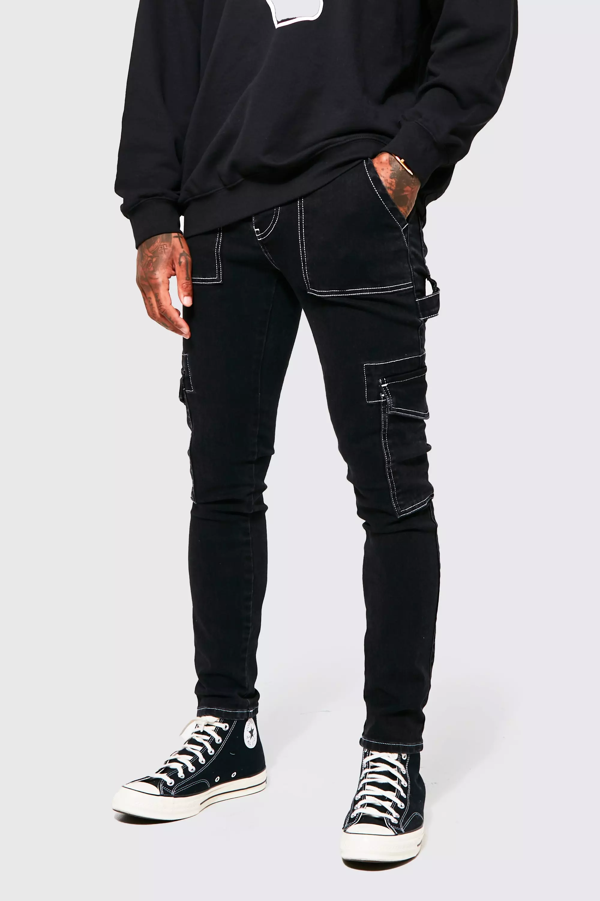 Washed black Skinny Stretch Contrast Stitch Cargo Jeans alternative image
