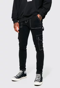 Black Skinny Stretch Contrast Stitch Cargo Jeans