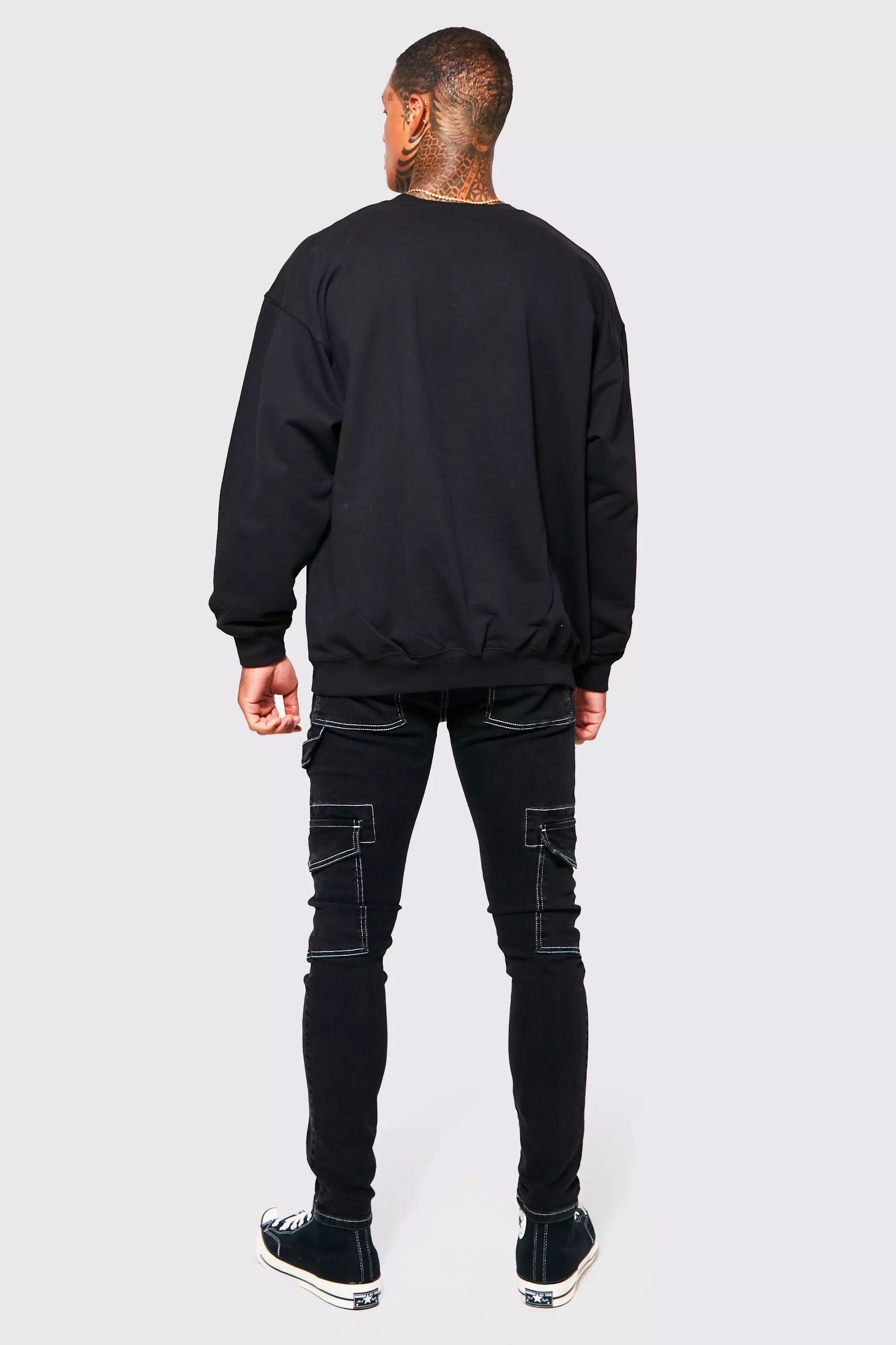 Washed black Skinny Stretch Contrast Stitch Cargo Jeans alternative image