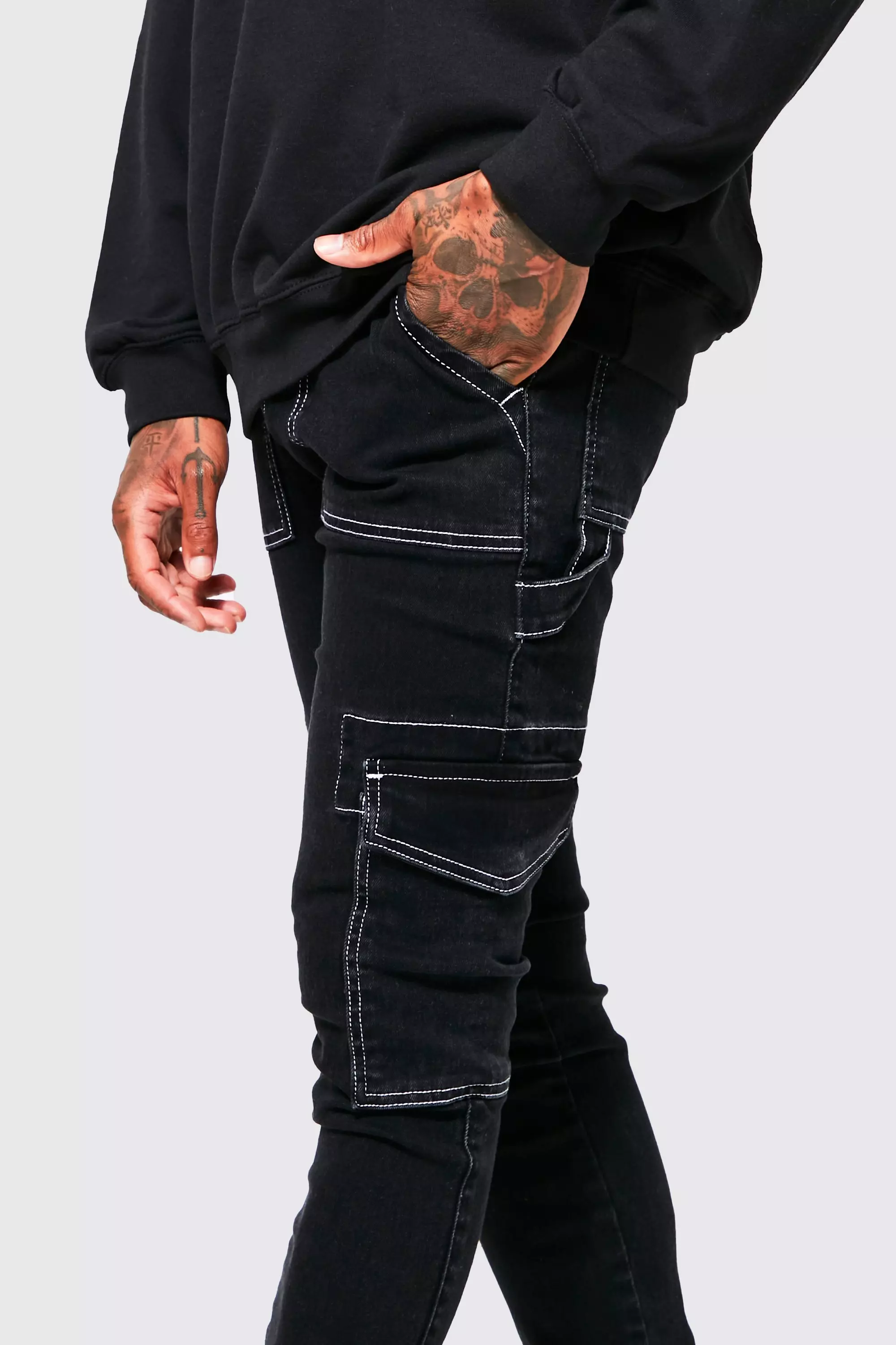 Washed black Skinny Stretch Contrast Stitch Cargo Jeans alternative image