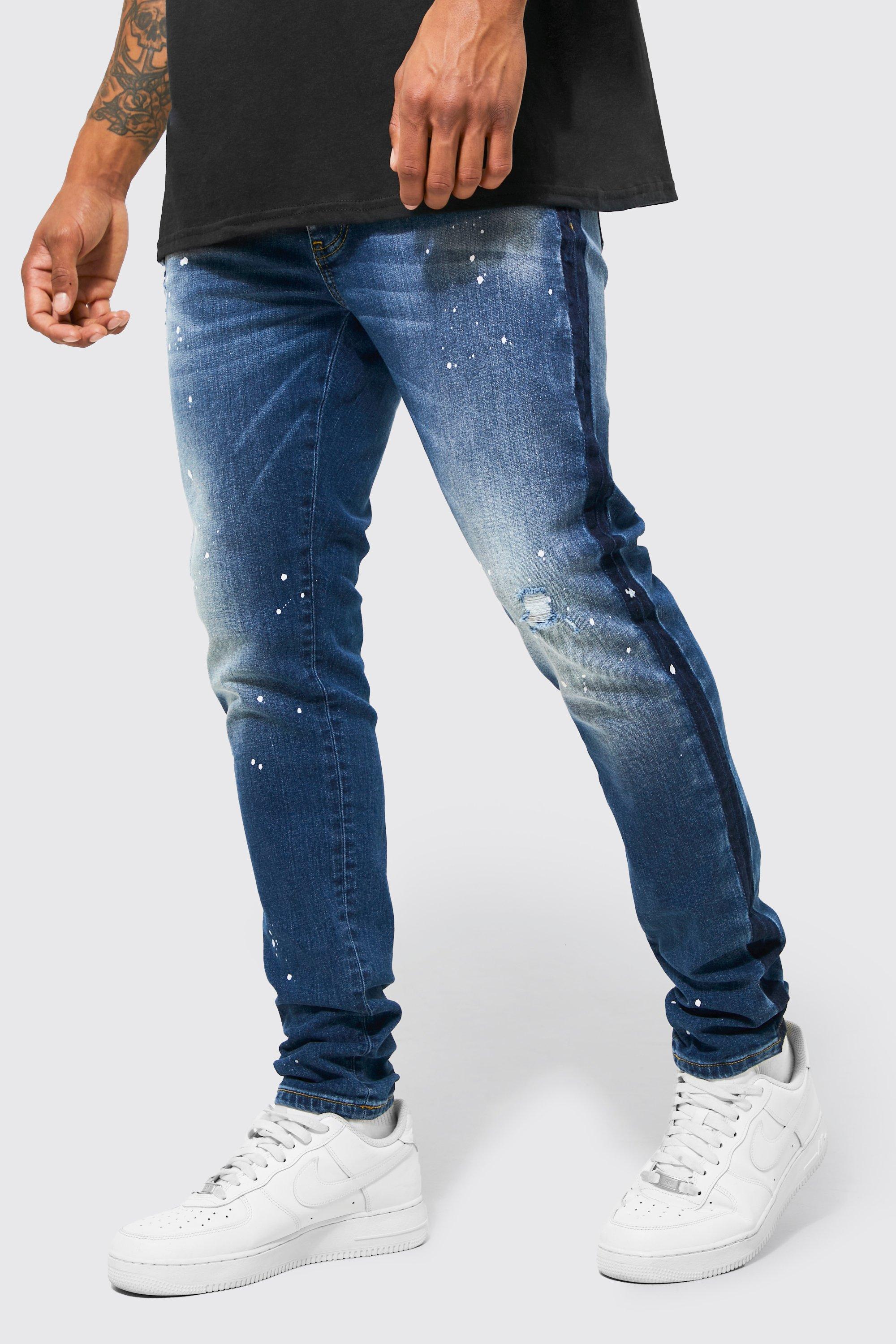 black jeans with blue paint splatter