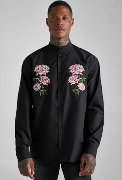 Oversized Cotton Embroidered Floral Shirt Black