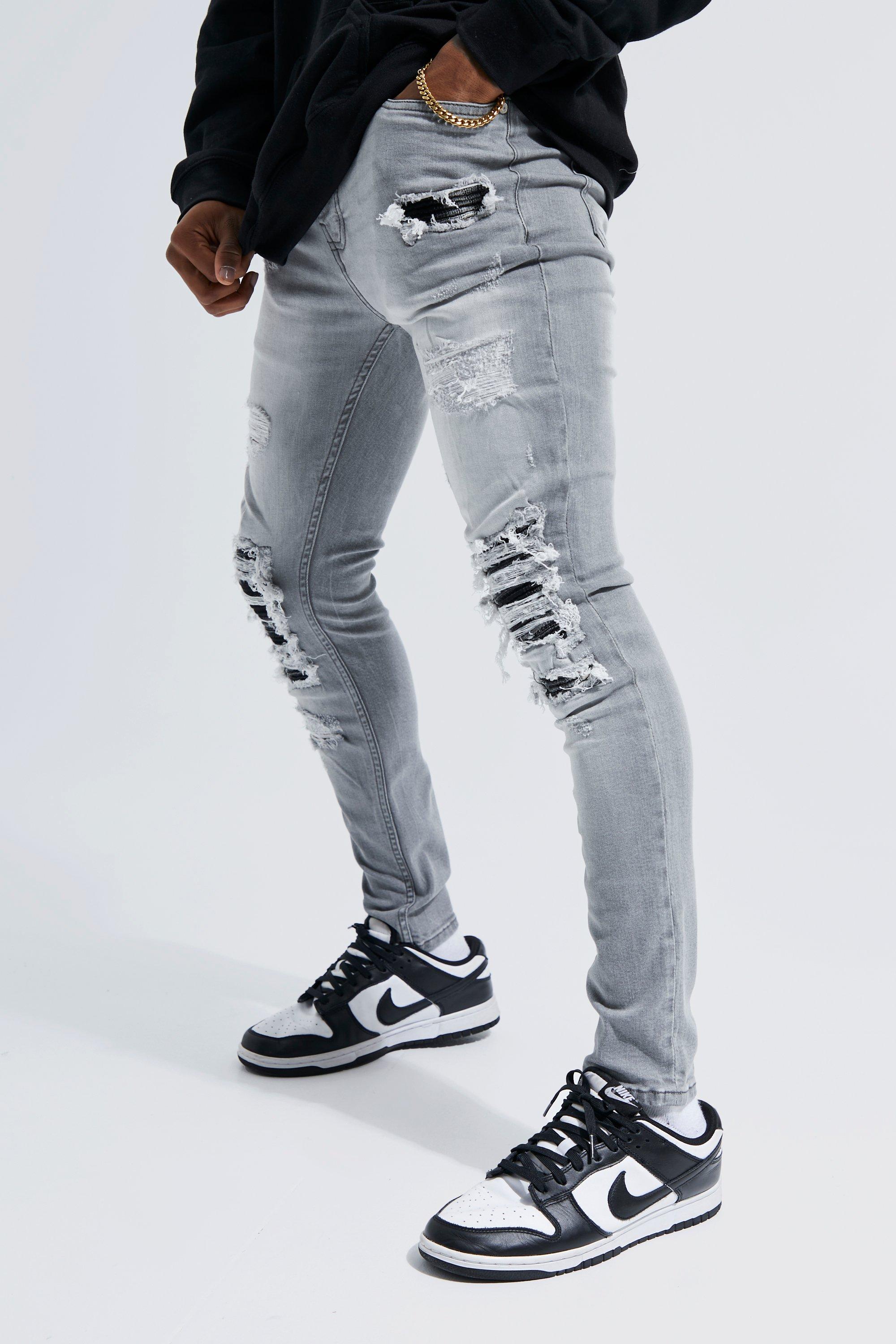 Super Skinny Stretch Rip & Repair Check Jeans | boohooMAN USA