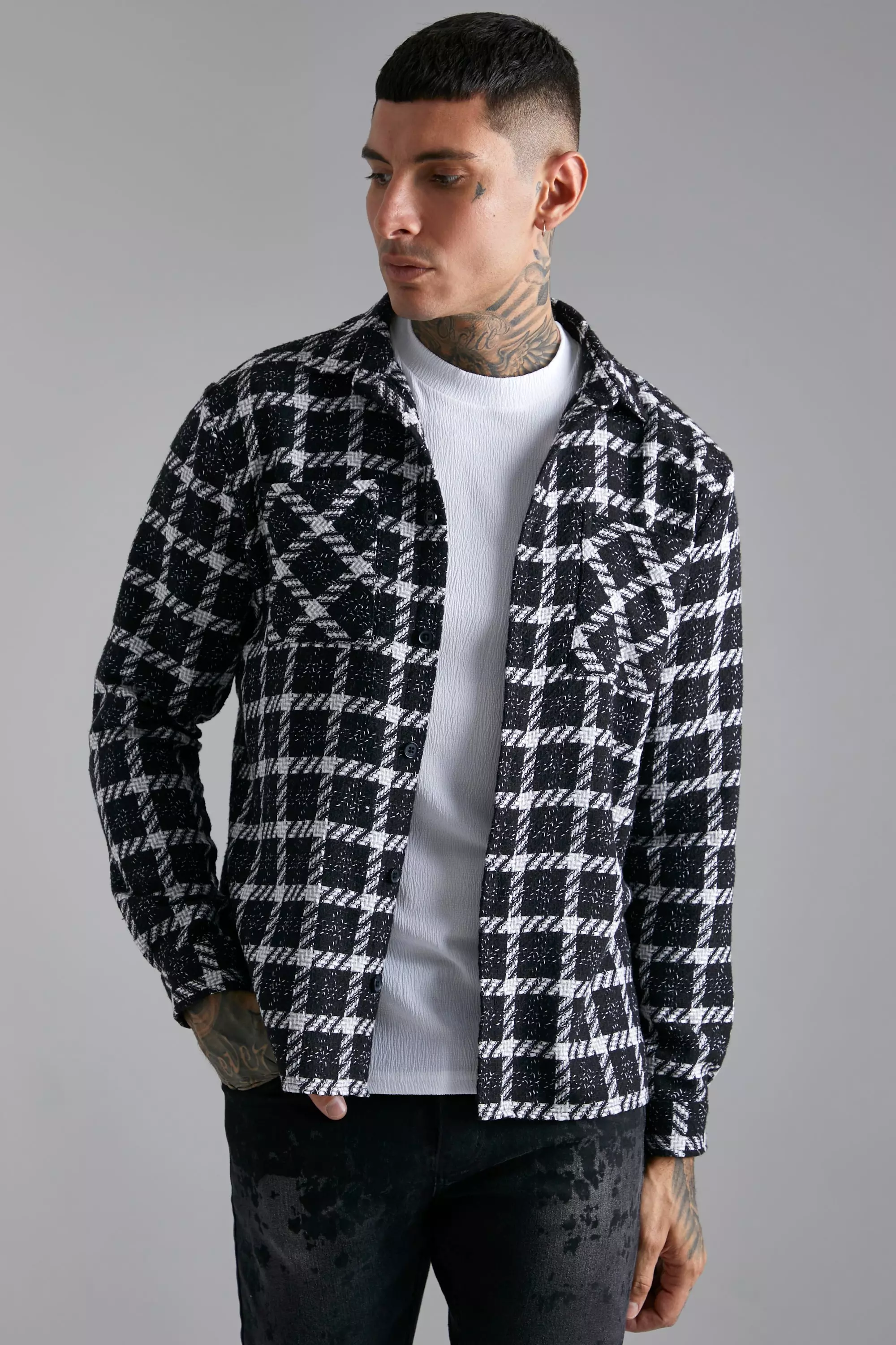 Heavyweight Boucle Plaid Overshirt Black