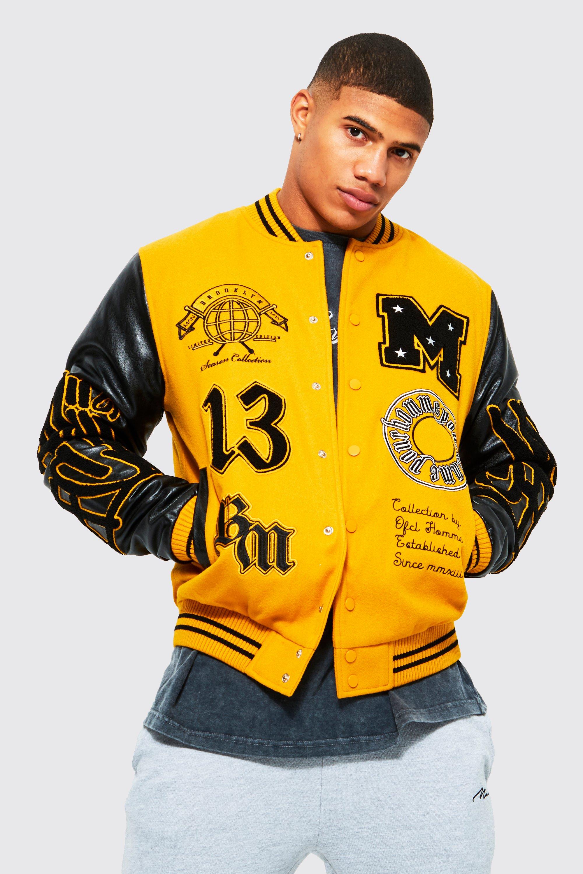 Mennace varsity bomber jacket in yellow with gothic logo