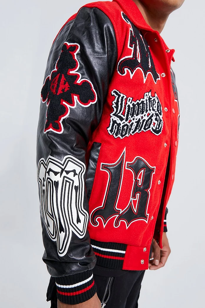 Gothic Badge Varsity Jacket | boohooMAN USA Gothic Badge Varsity Jacket | boohooMAN USA