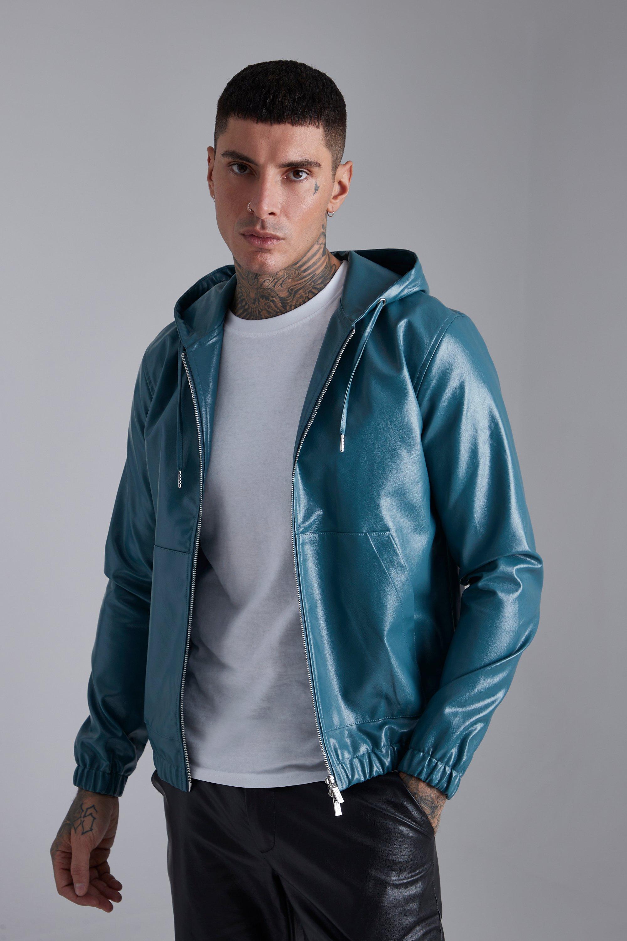 Pu Bomber Jacket With Hood | boohooMAN USA