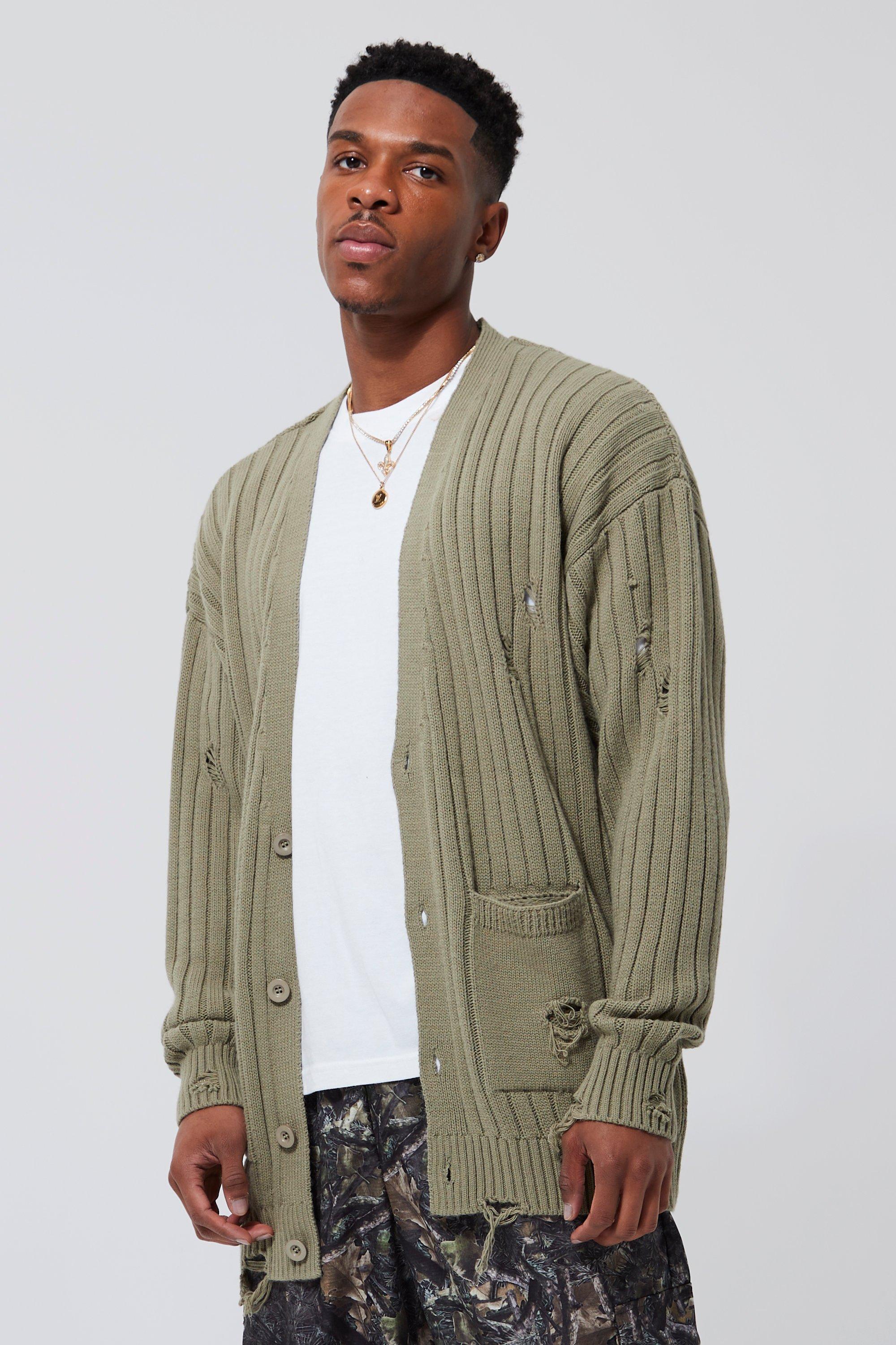 Distressed Ribbed Oversized Cardigan