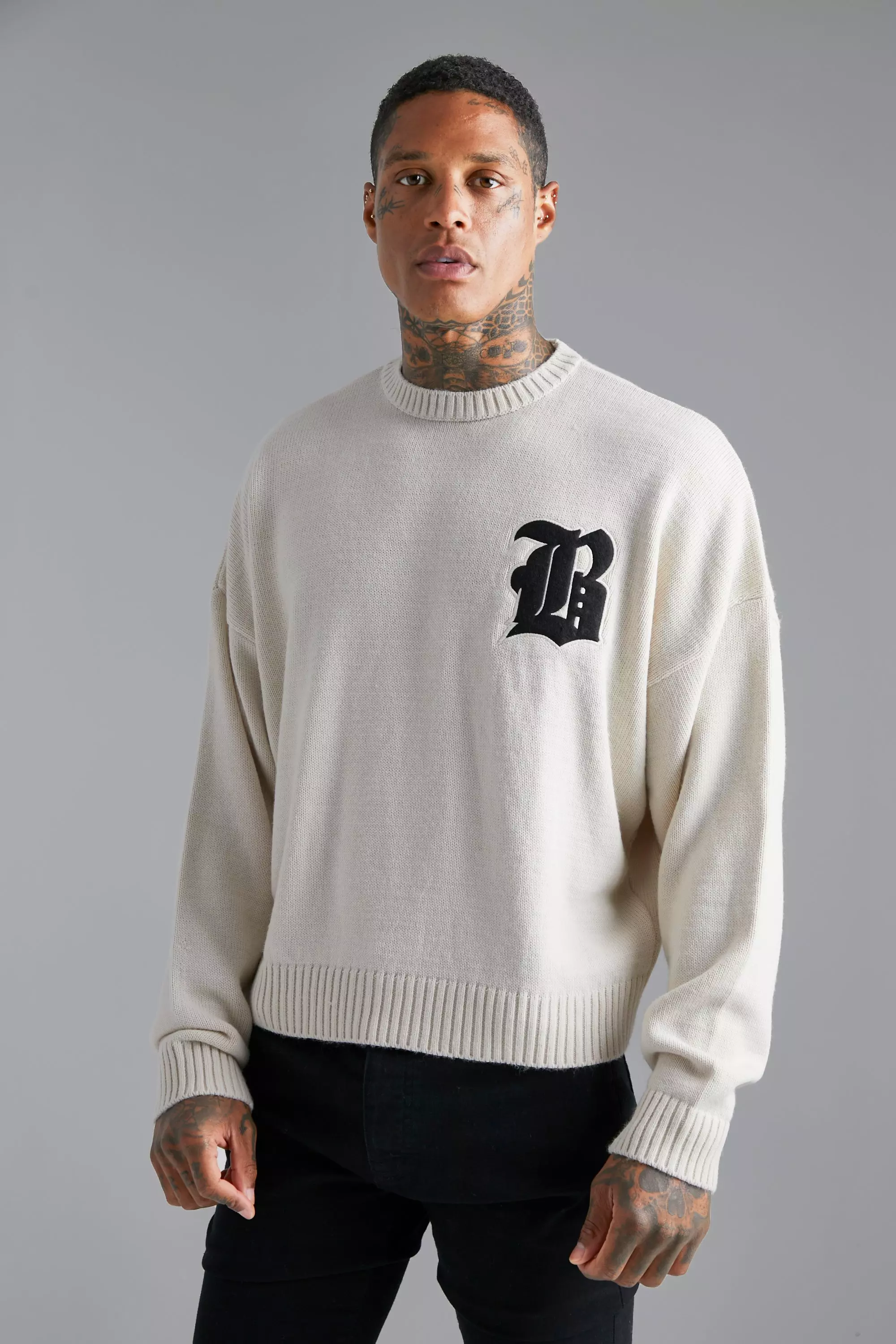 Ecru Distressed B Boxy Ribbed Sweater alternative image