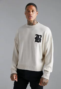 Distressed B Boxy Ribbed Sweater Ecru
