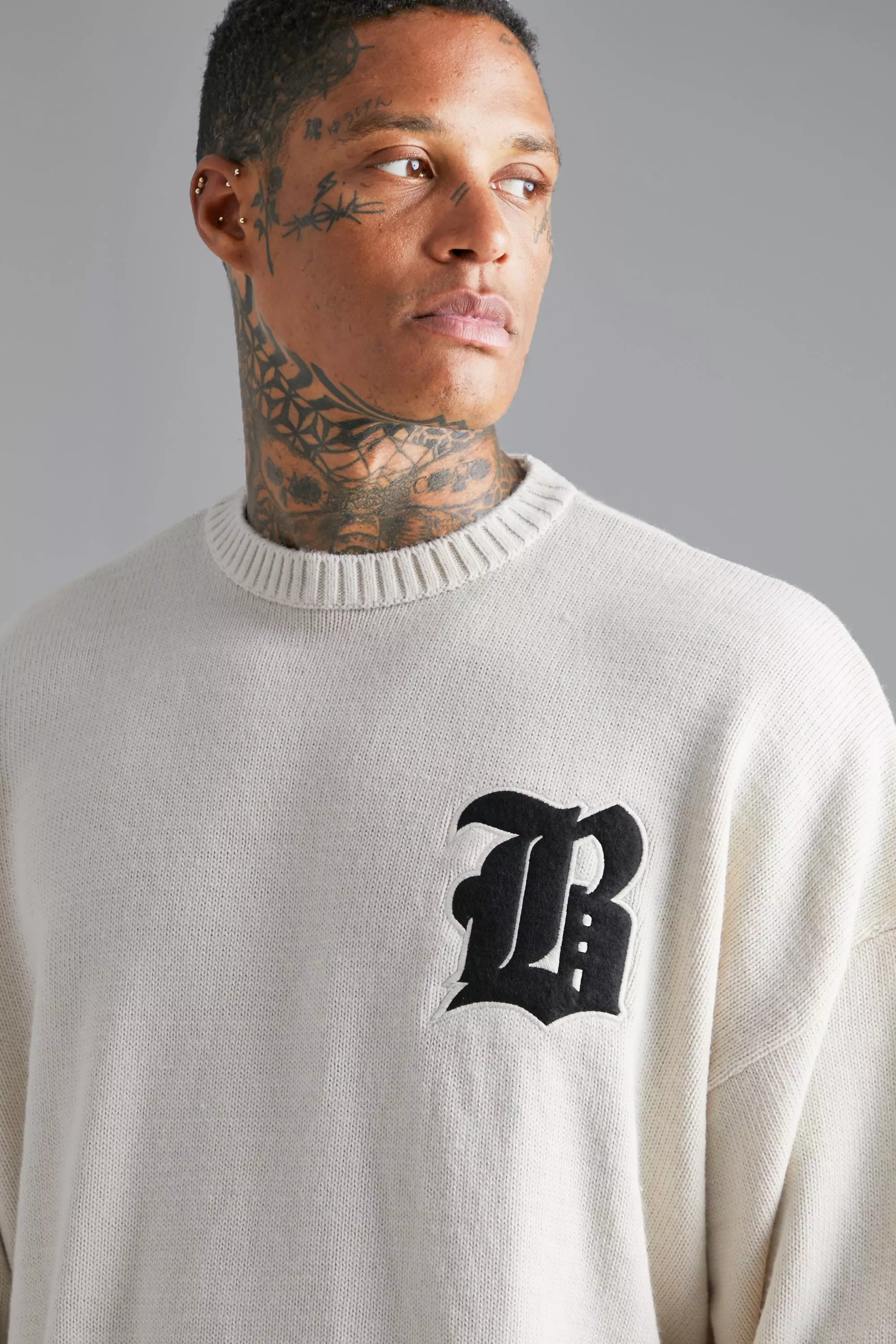 Ecru Distressed B Boxy Ribbed Sweater alternative image