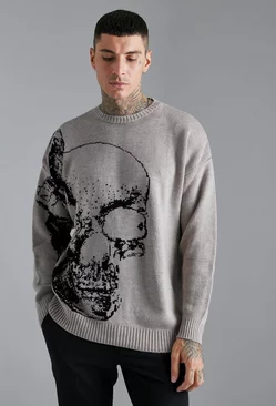 Butterfly Skull Knitted Sweater Stone