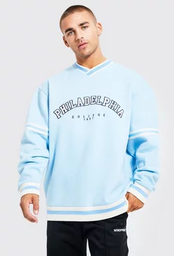 Oversized V-neck Varsity Graphic Sweatshirt Pale blue