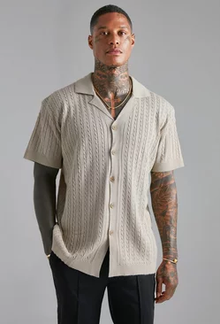 Short Sleeve Revere Cable Knit Shirt Stone