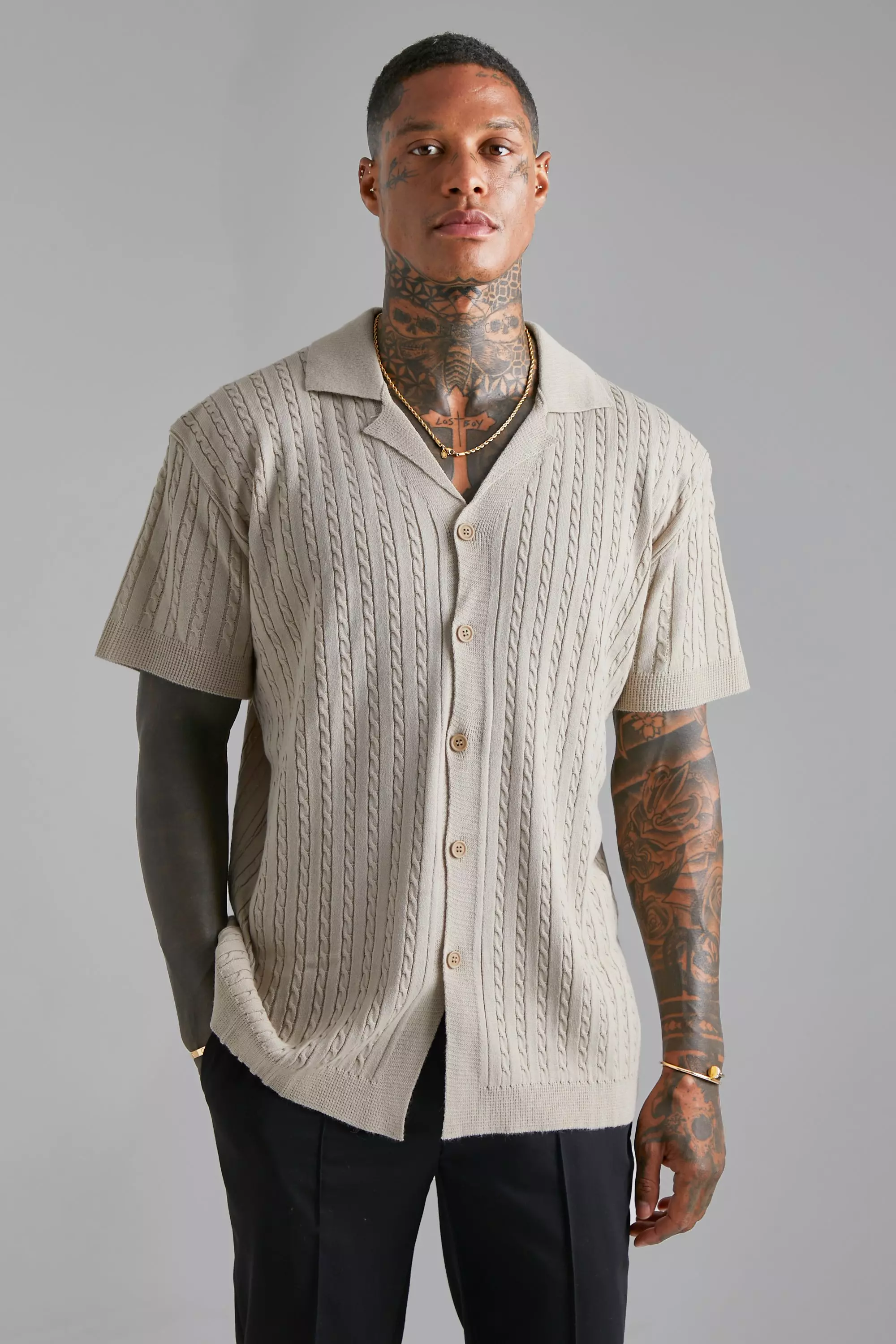 Short Sleeve Revere Cable Knit Shirt Stone