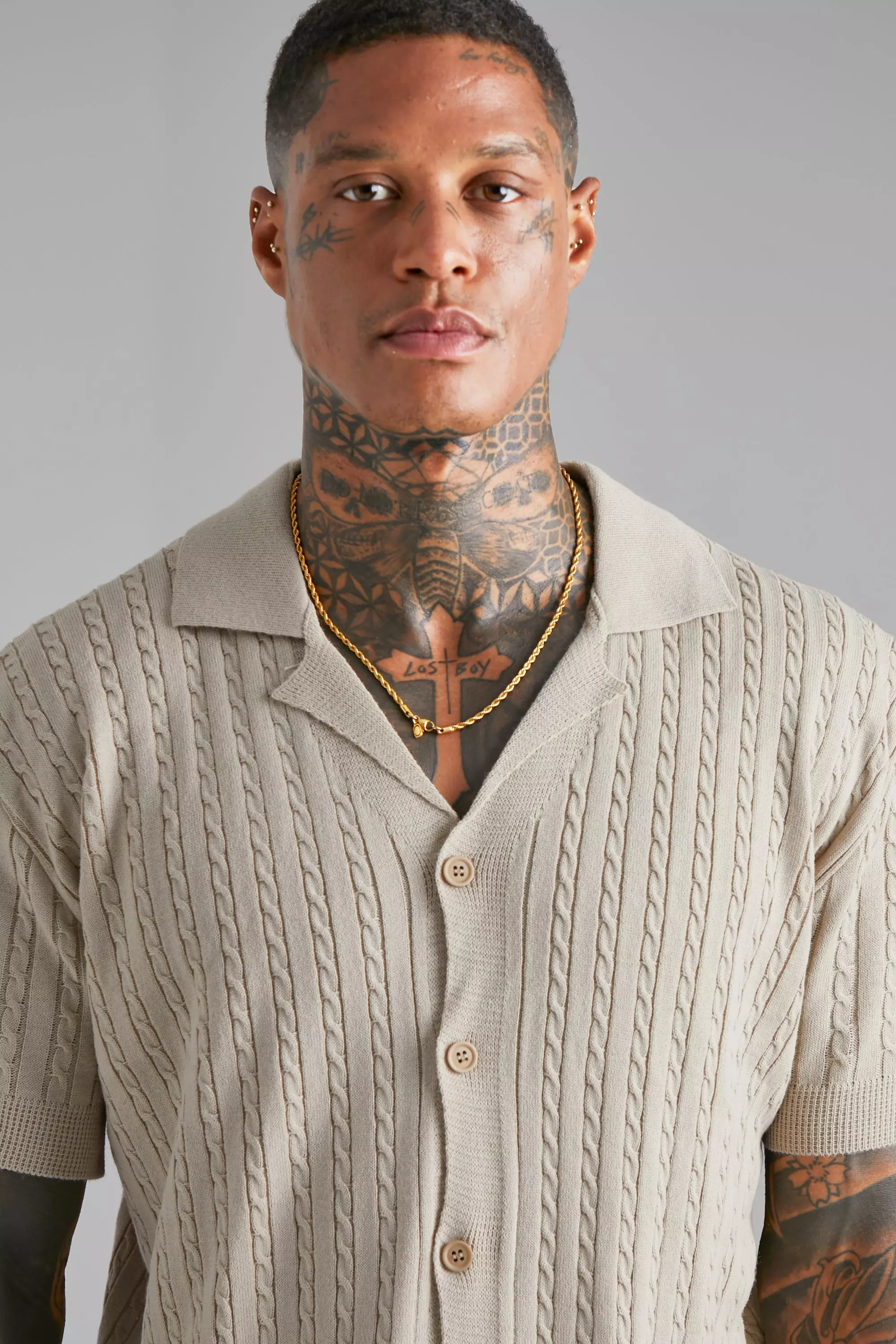 Short Sleeve Revere Cable Knit Shirt | boohooMAN USA