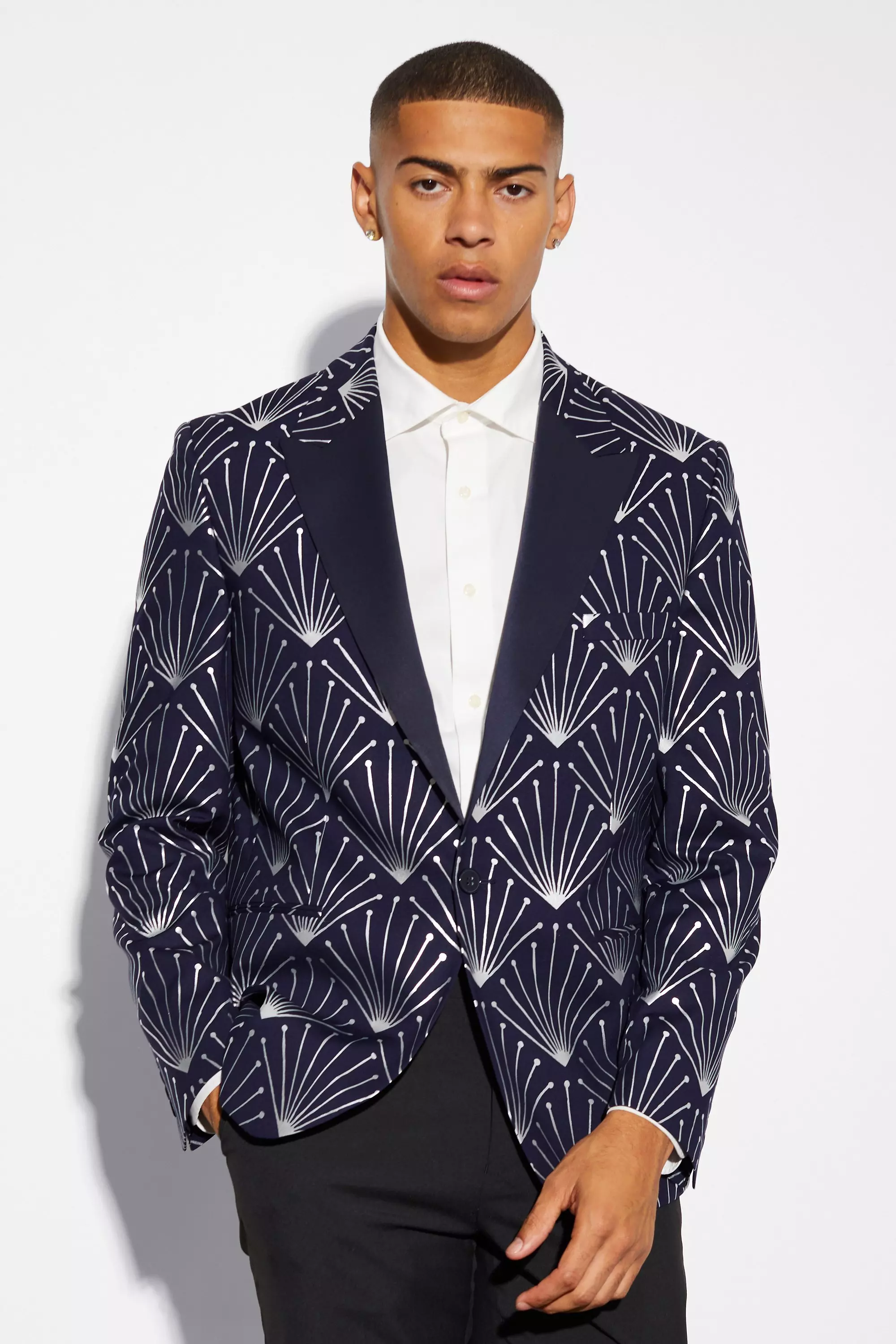 Relaxed Fit Foil Print Blazer Navy