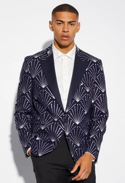 Navy Relaxed Fit Foil Print Blazer