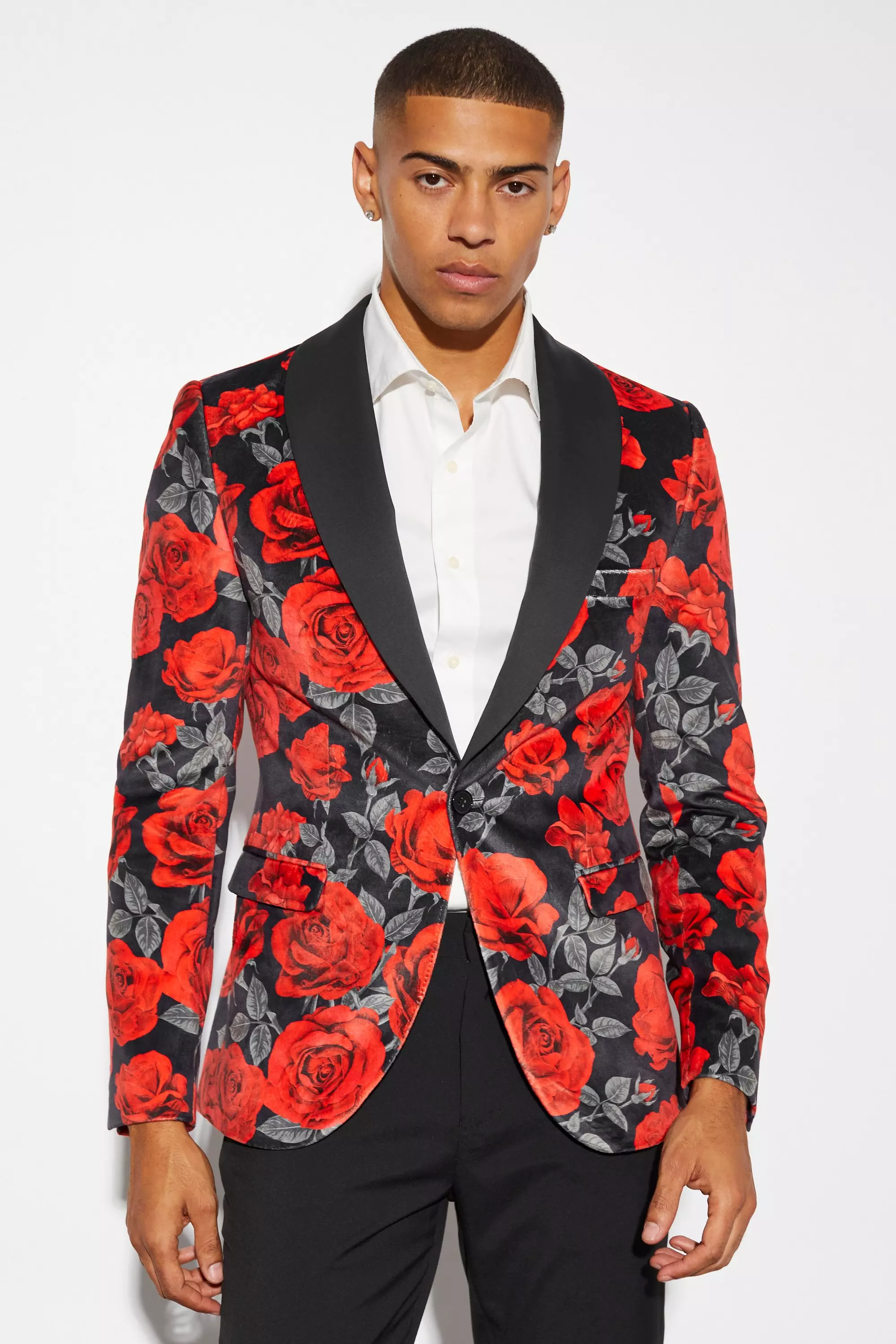 Skinny Fit Printed Velour Floral Blazer boohooMAN